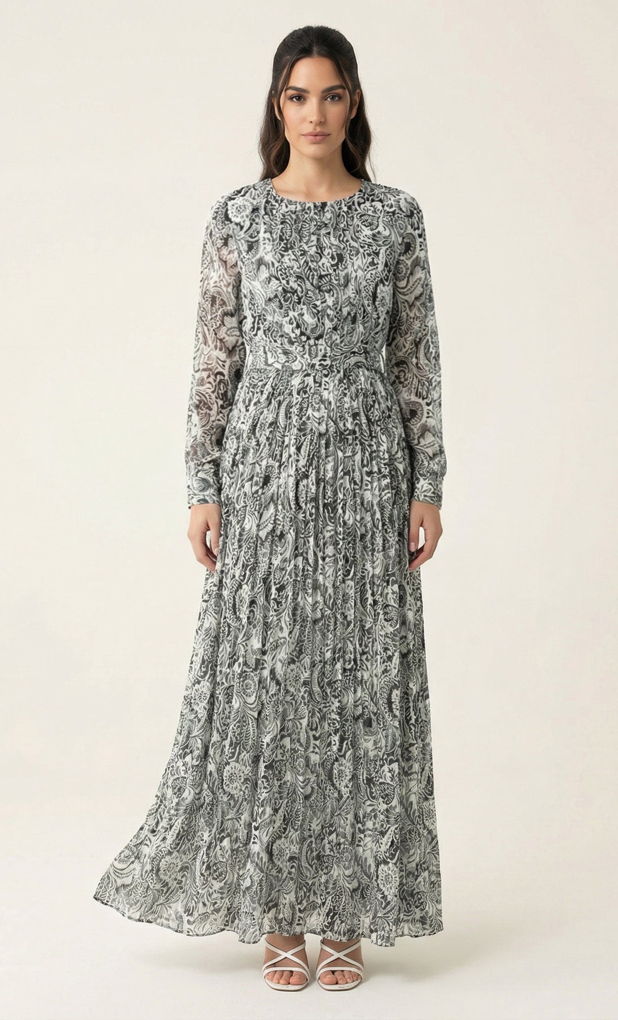 Black and White henna print silk chiffon shimmer maxi dress Kabayare