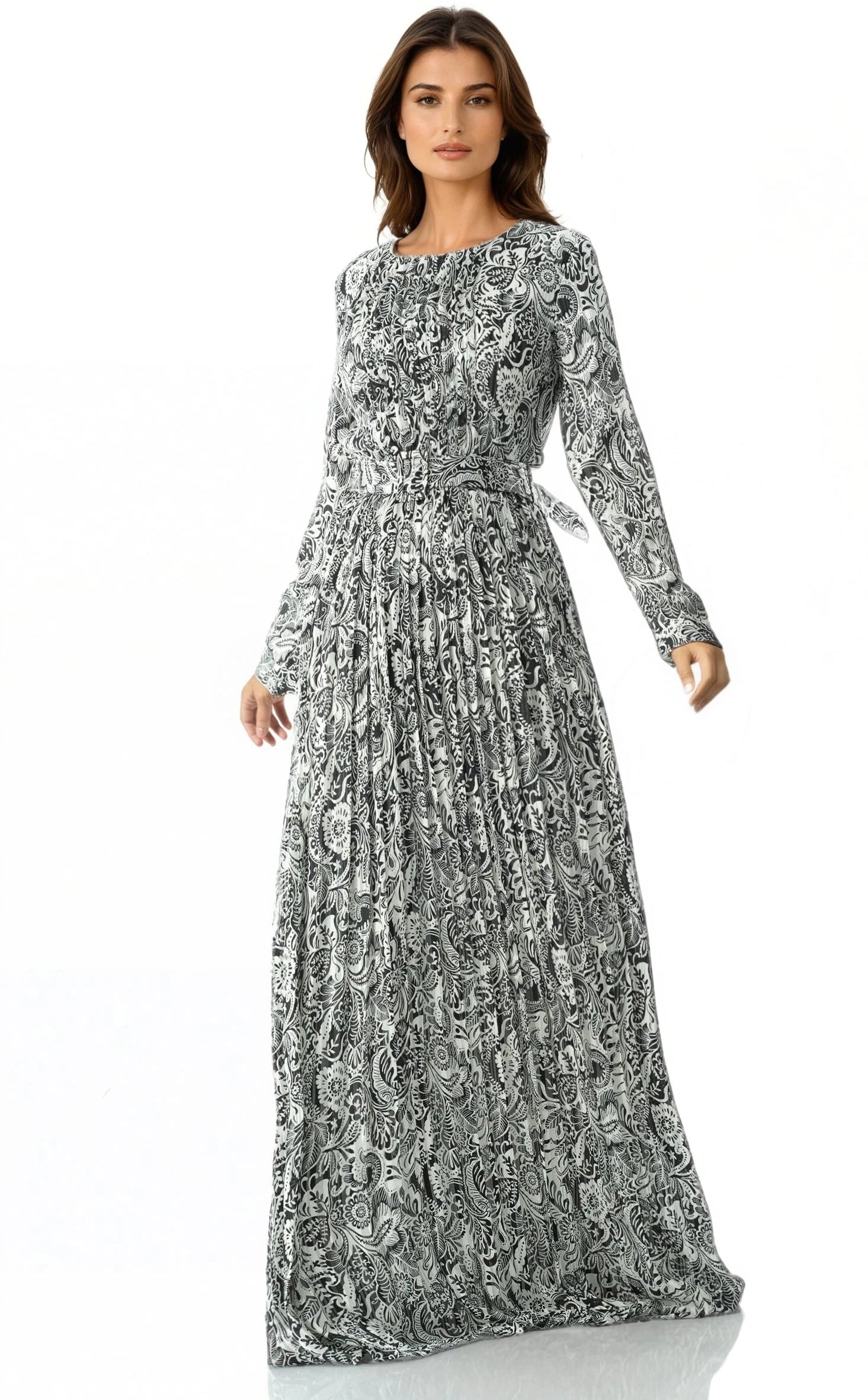 Black and White henna print silk chiffon shimmer maxi dress Kabayare