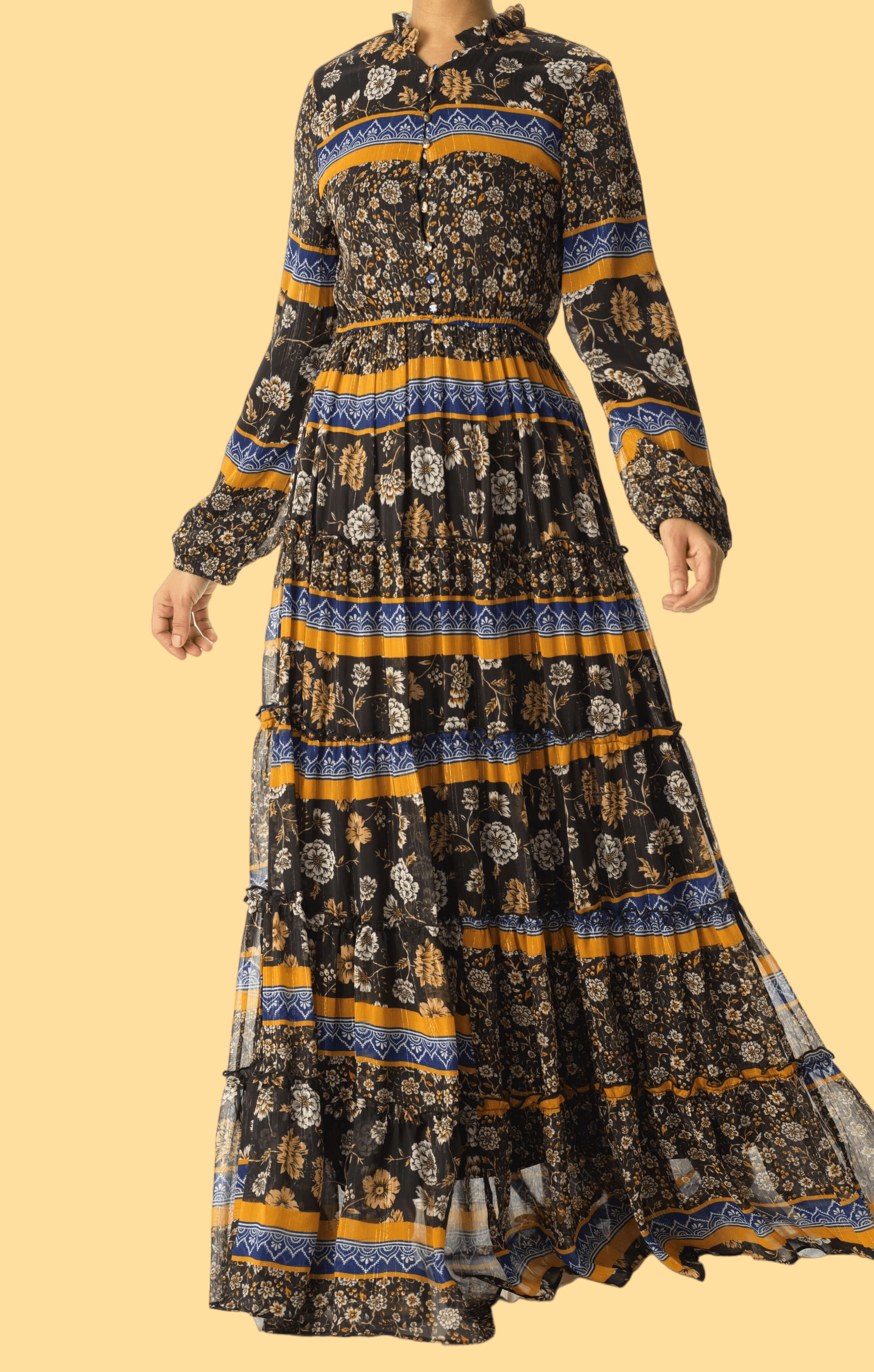 Black and Yellow bohemian maxi dress Kabayare