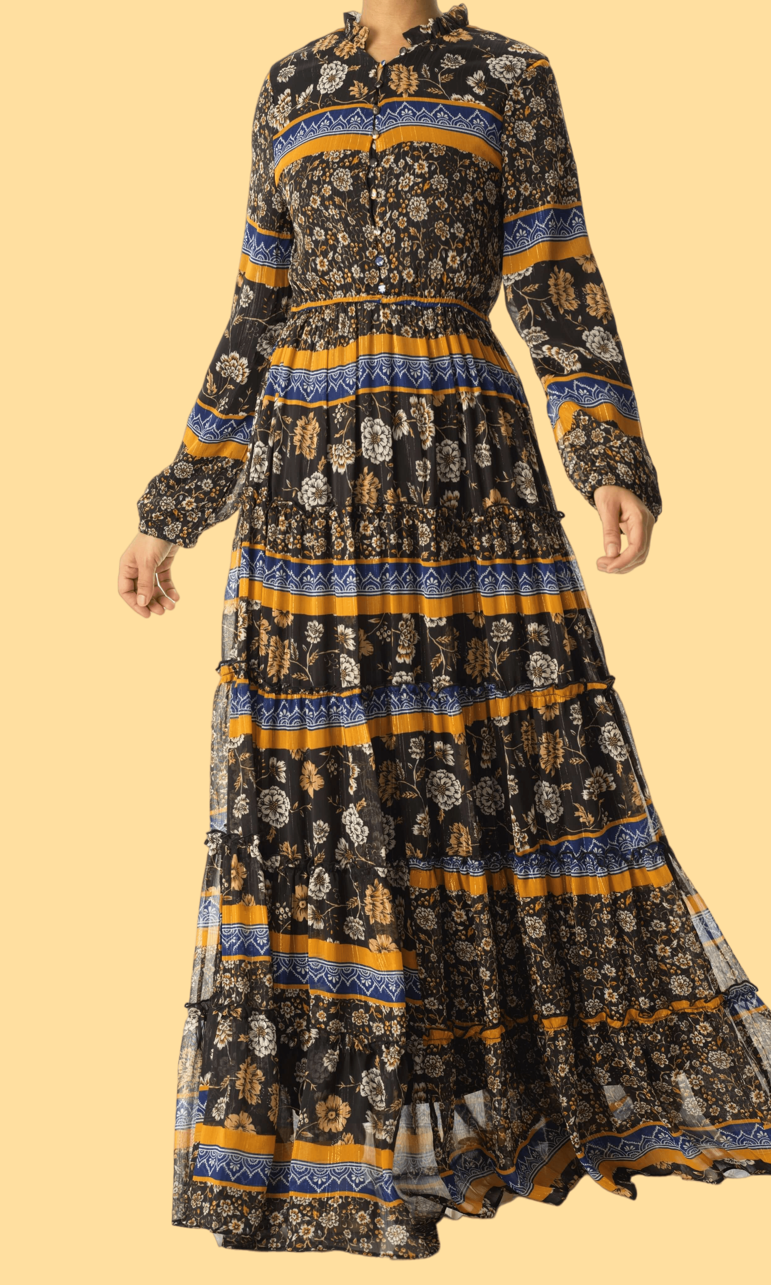 Black and Yellow bohemian maxi dress Kabayare
