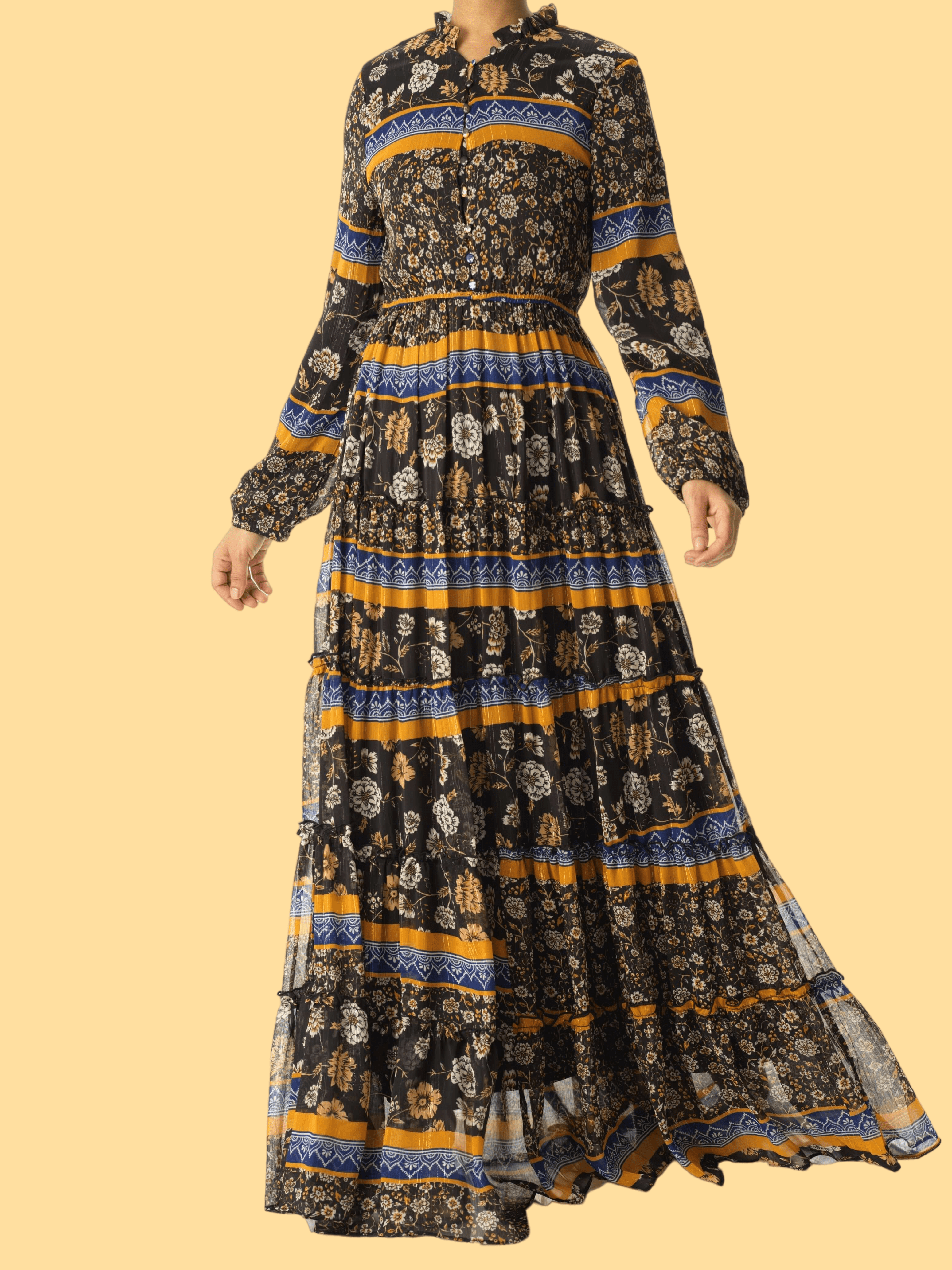 Black and Yellow bohemian maxi dress Kabayare