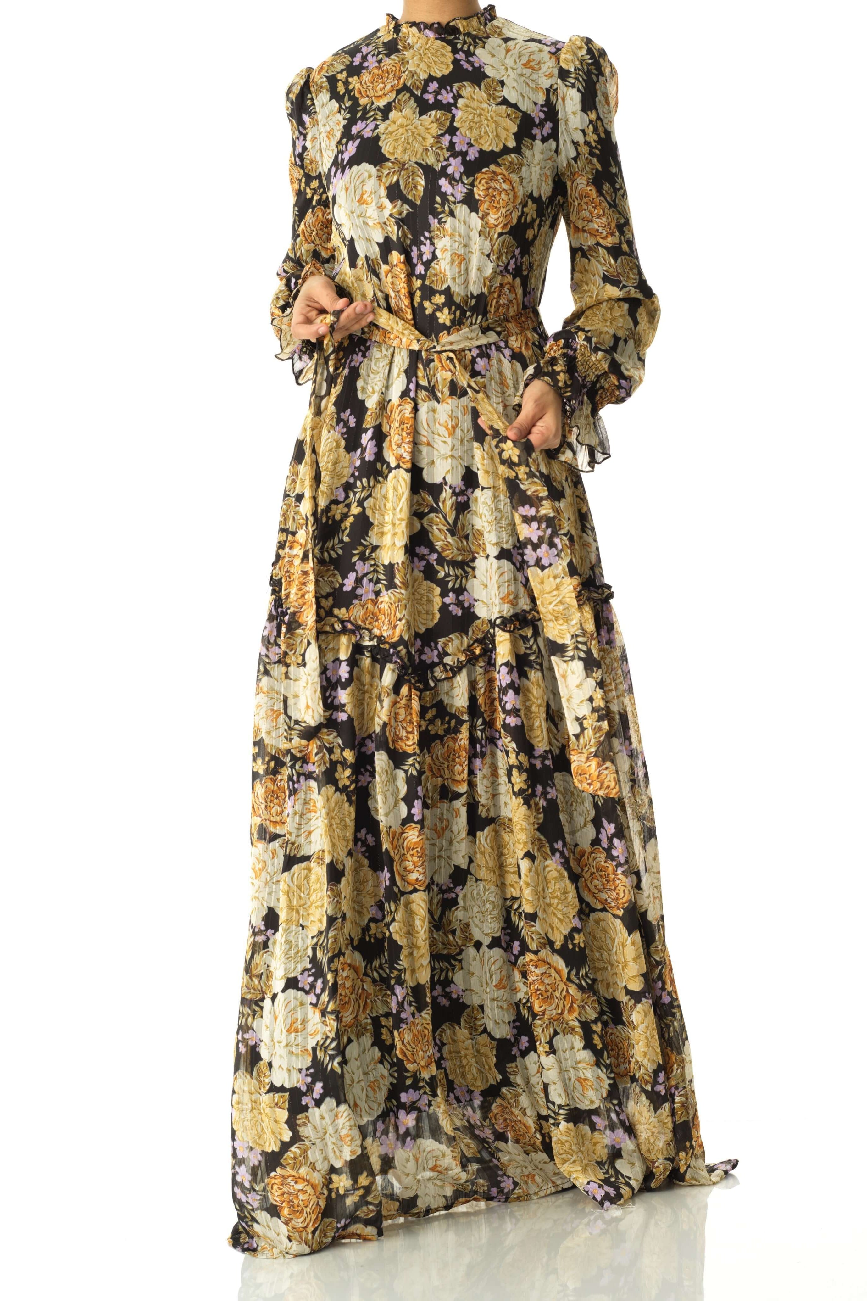 Black Beautiful golden Peony floral modest maxi dress Kabayare