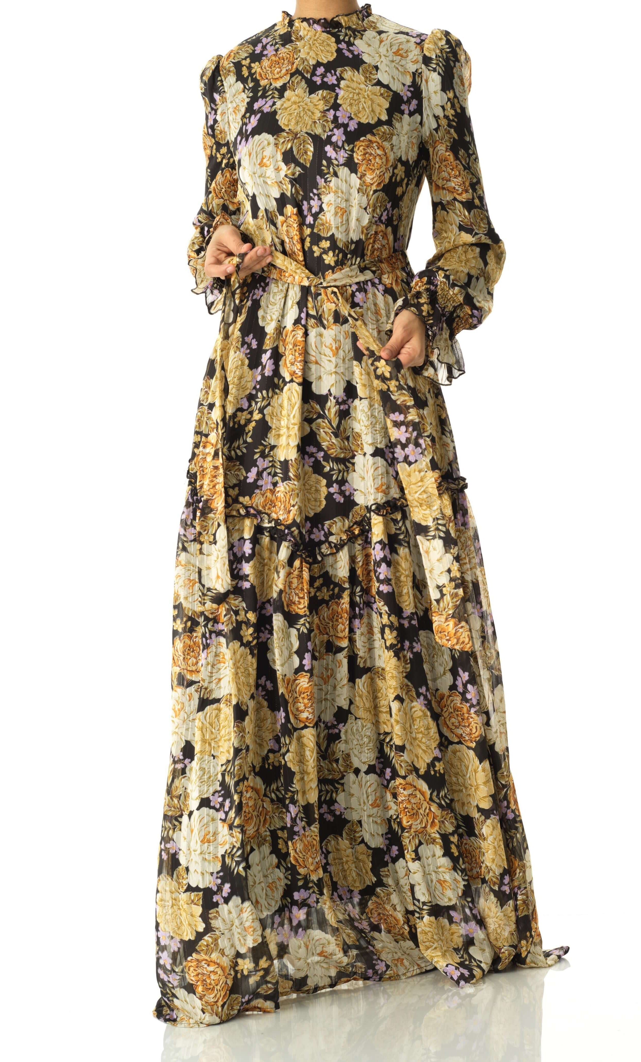 Black Beautiful golden Peony floral modest maxi dress Kabayare