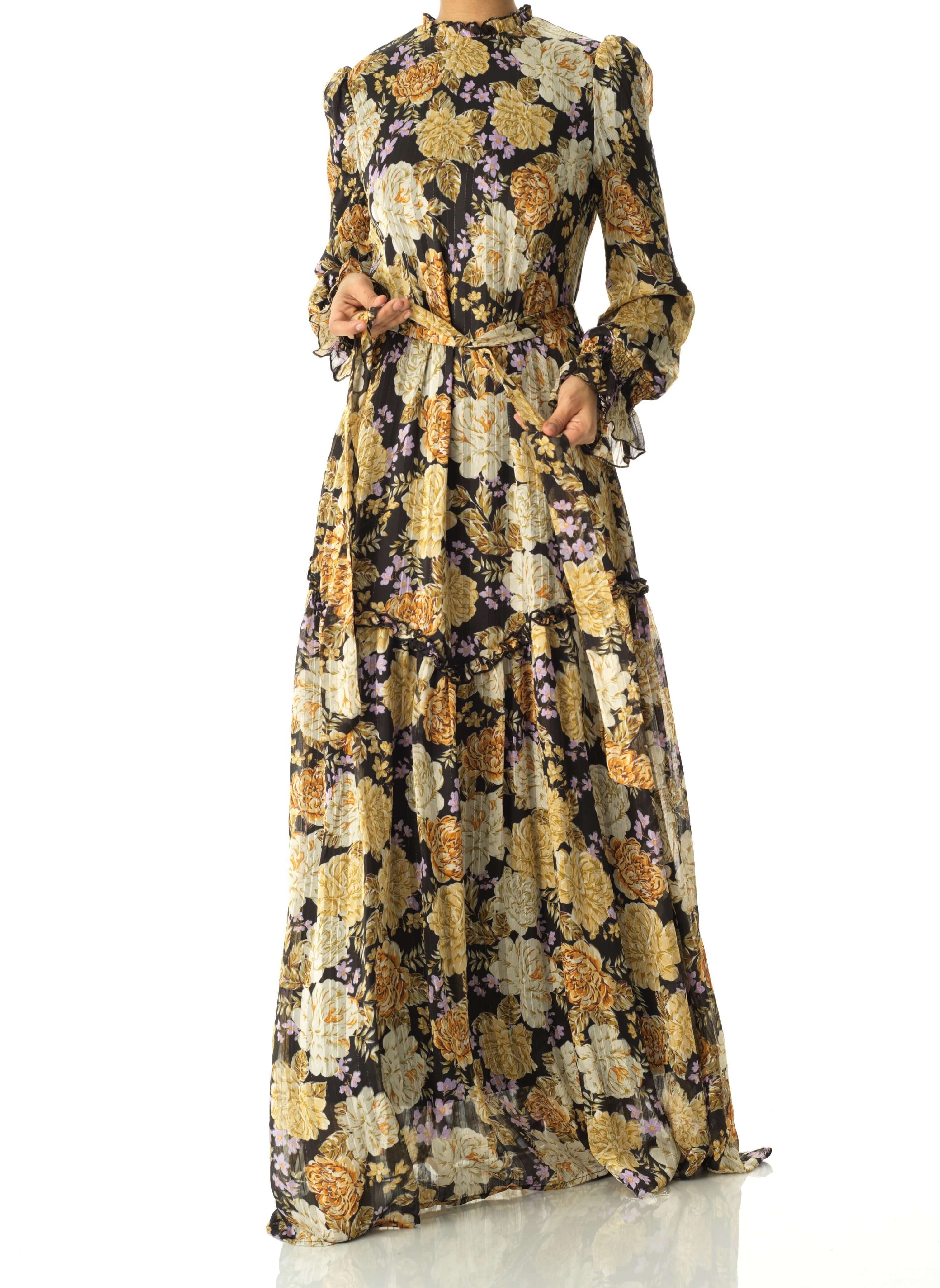 Black Beautiful golden Peony floral modest maxi dress Kabayare