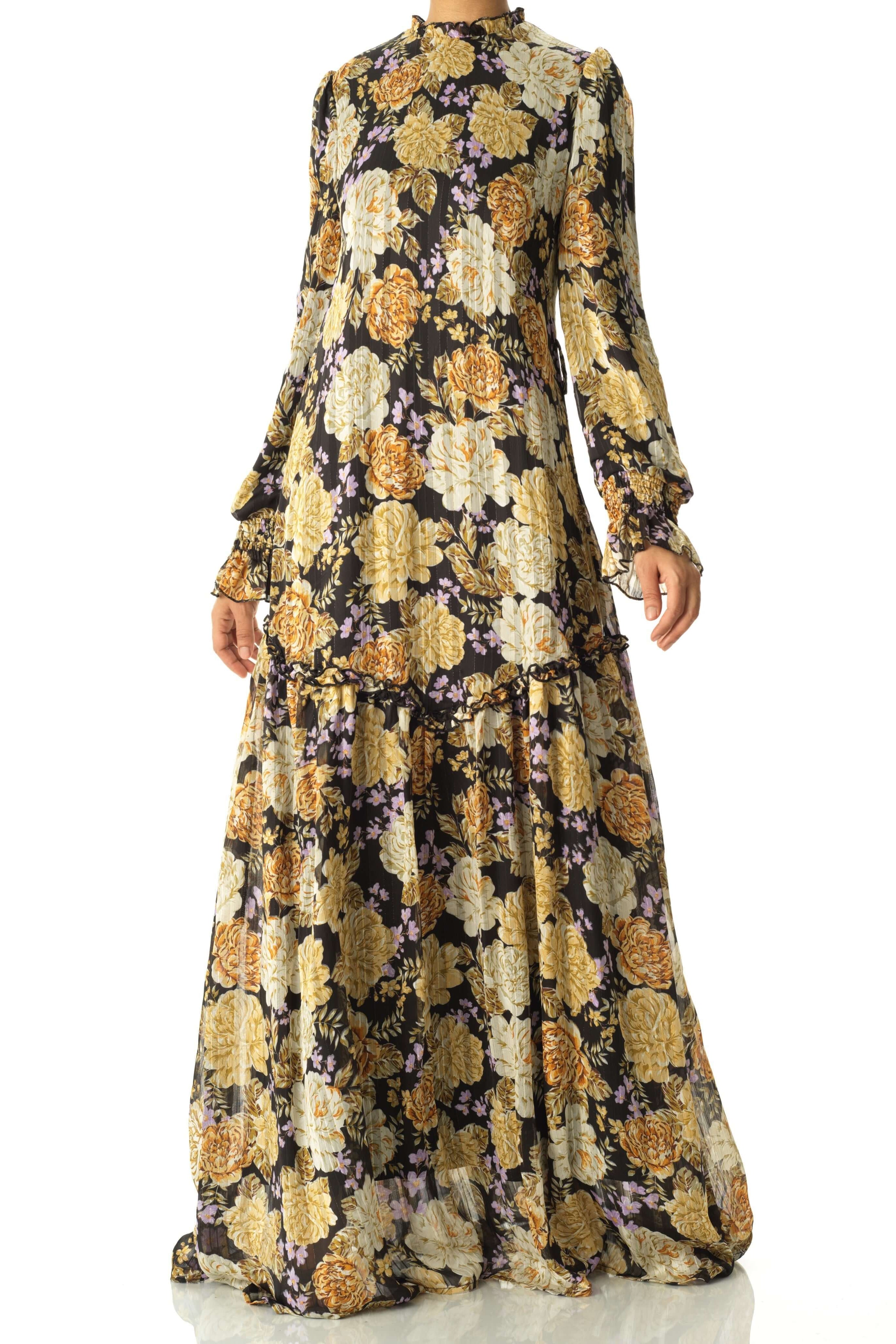 Black Beautiful golden Peony floral modest maxi dress Kabayare