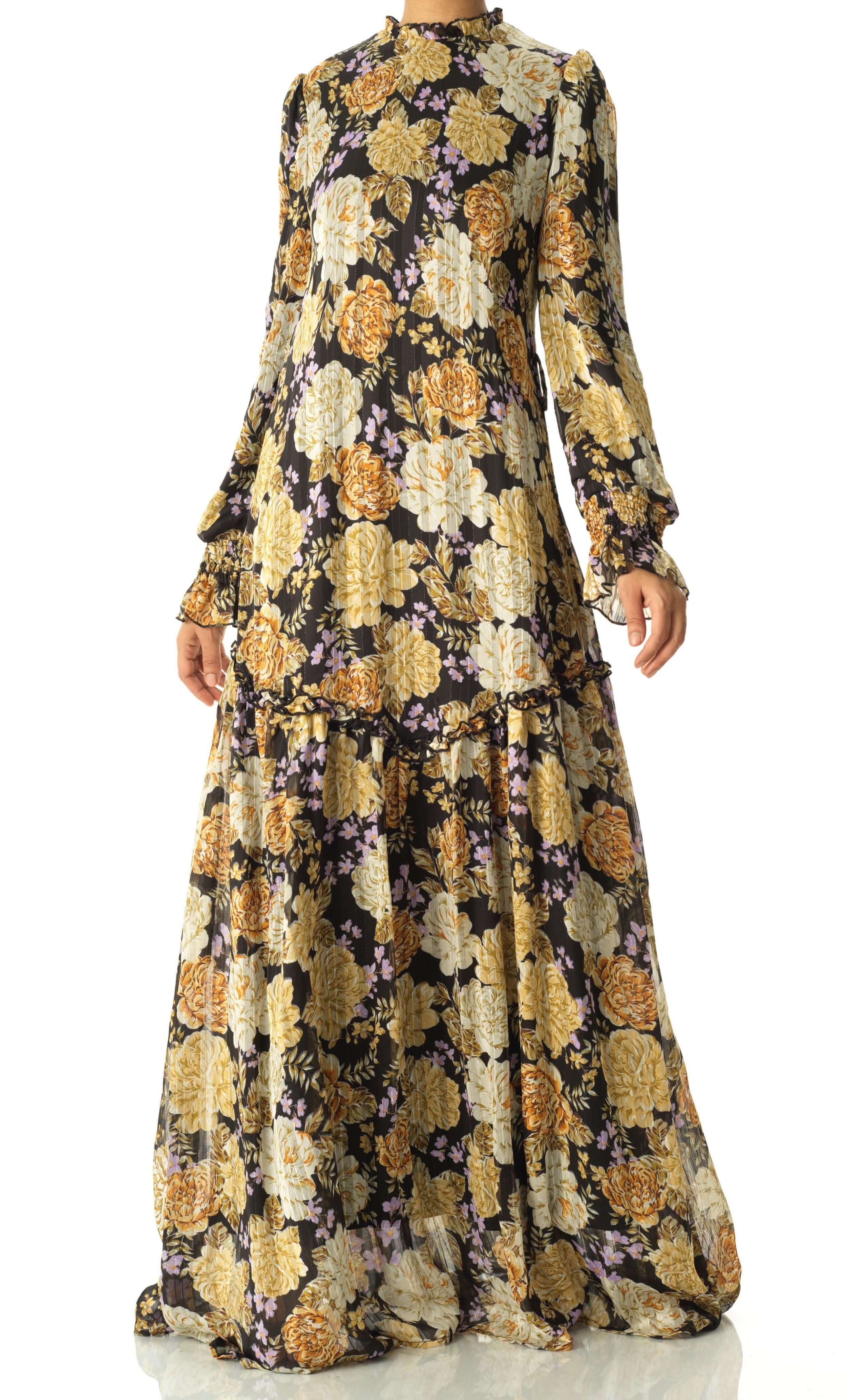 Black Beautiful golden Peony floral modest maxi dress Kabayare