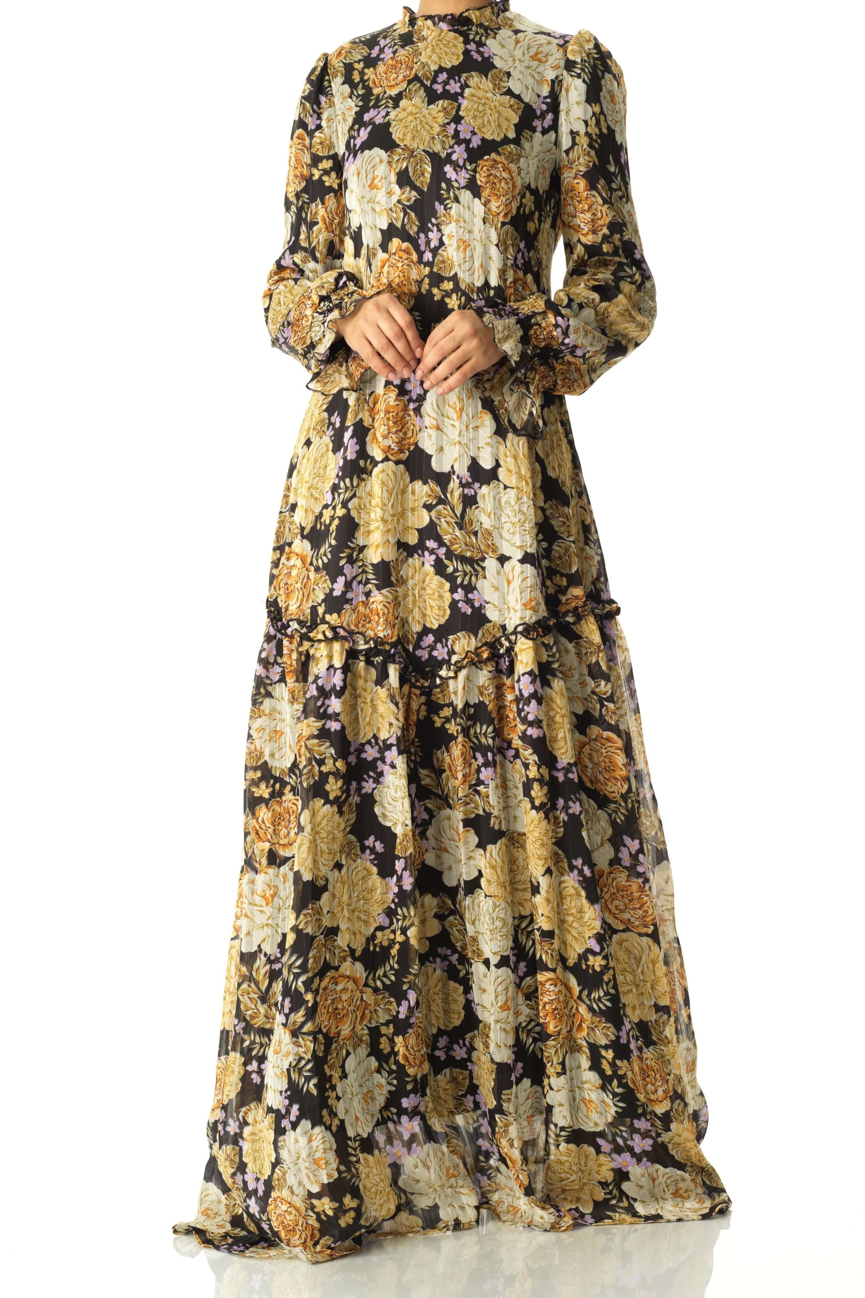 Black Beautiful golden Peony floral modest maxi dress Kabayare