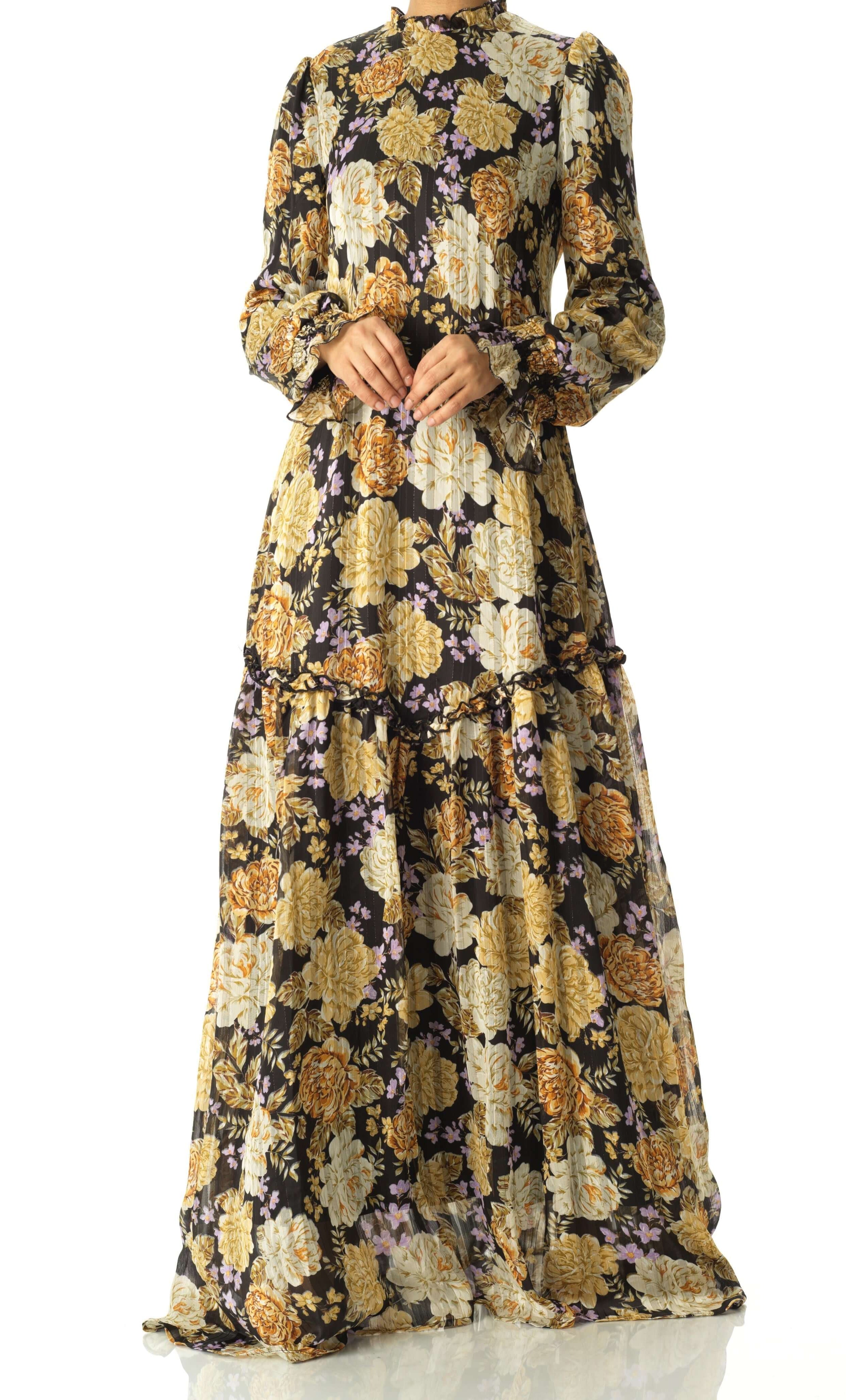 Black Beautiful golden Peony floral modest maxi dress Kabayare