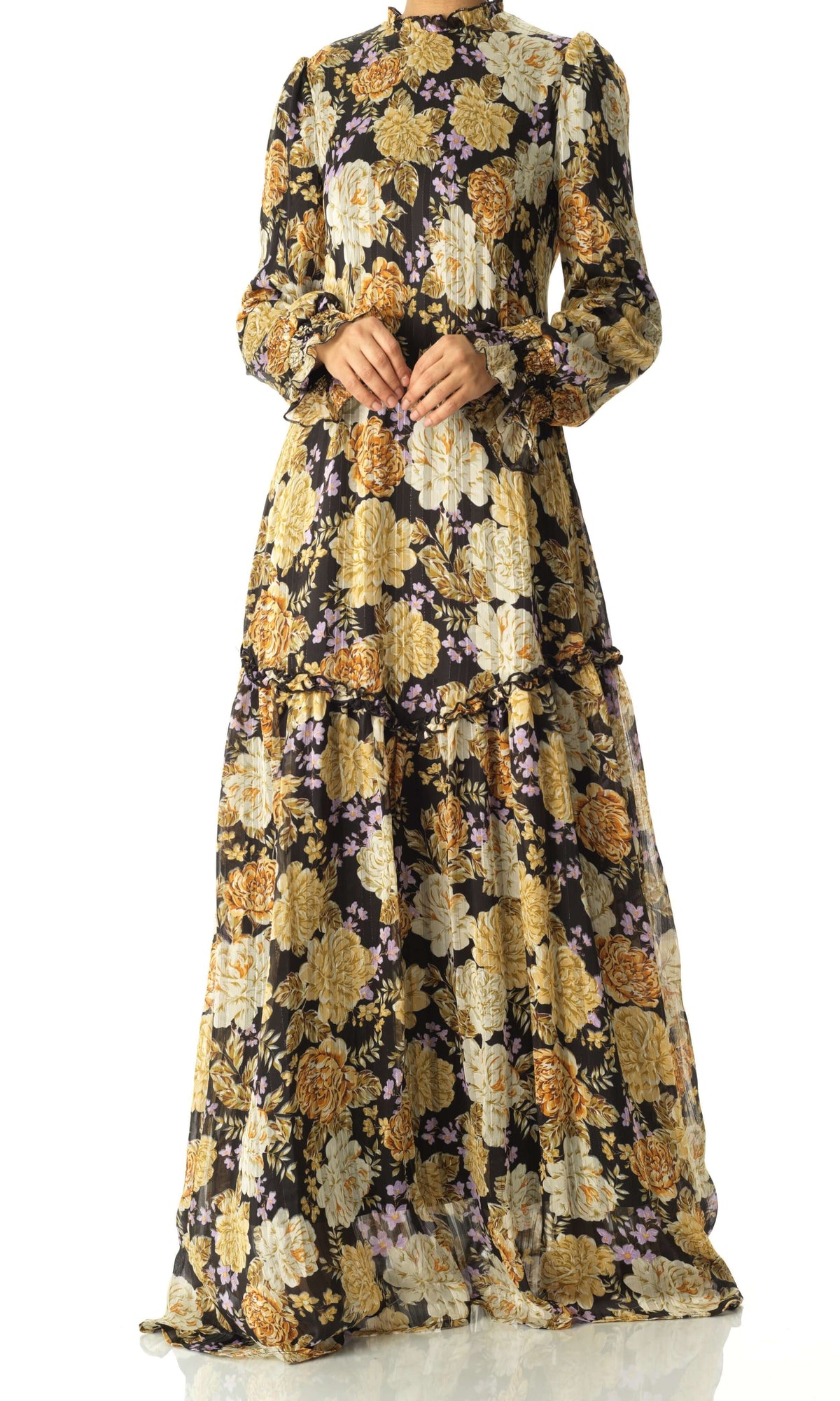 Black Beautiful golden Peony floral modest maxi dress Kabayare