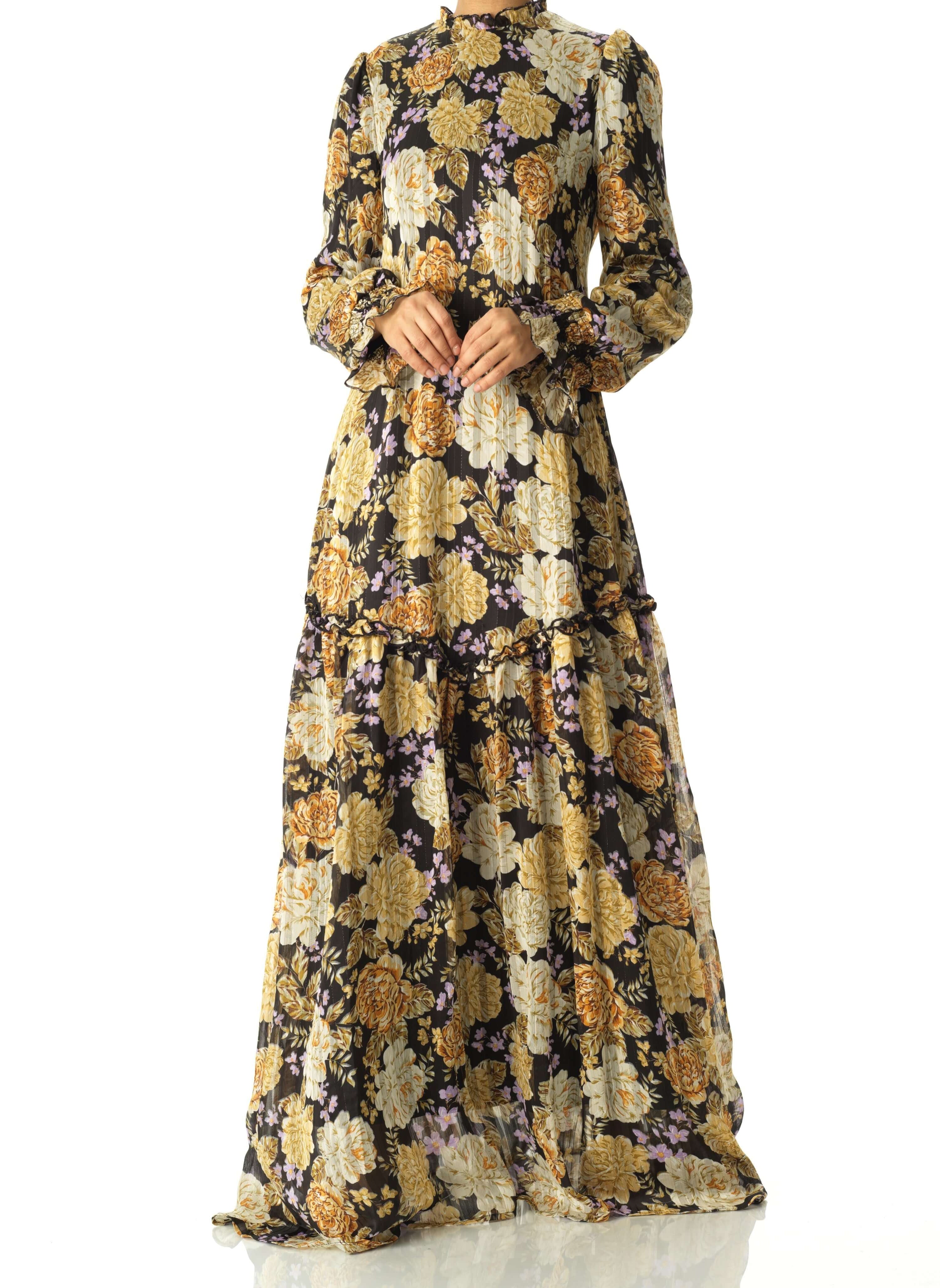 Black Beautiful golden Peony floral modest maxi dress Kabayare