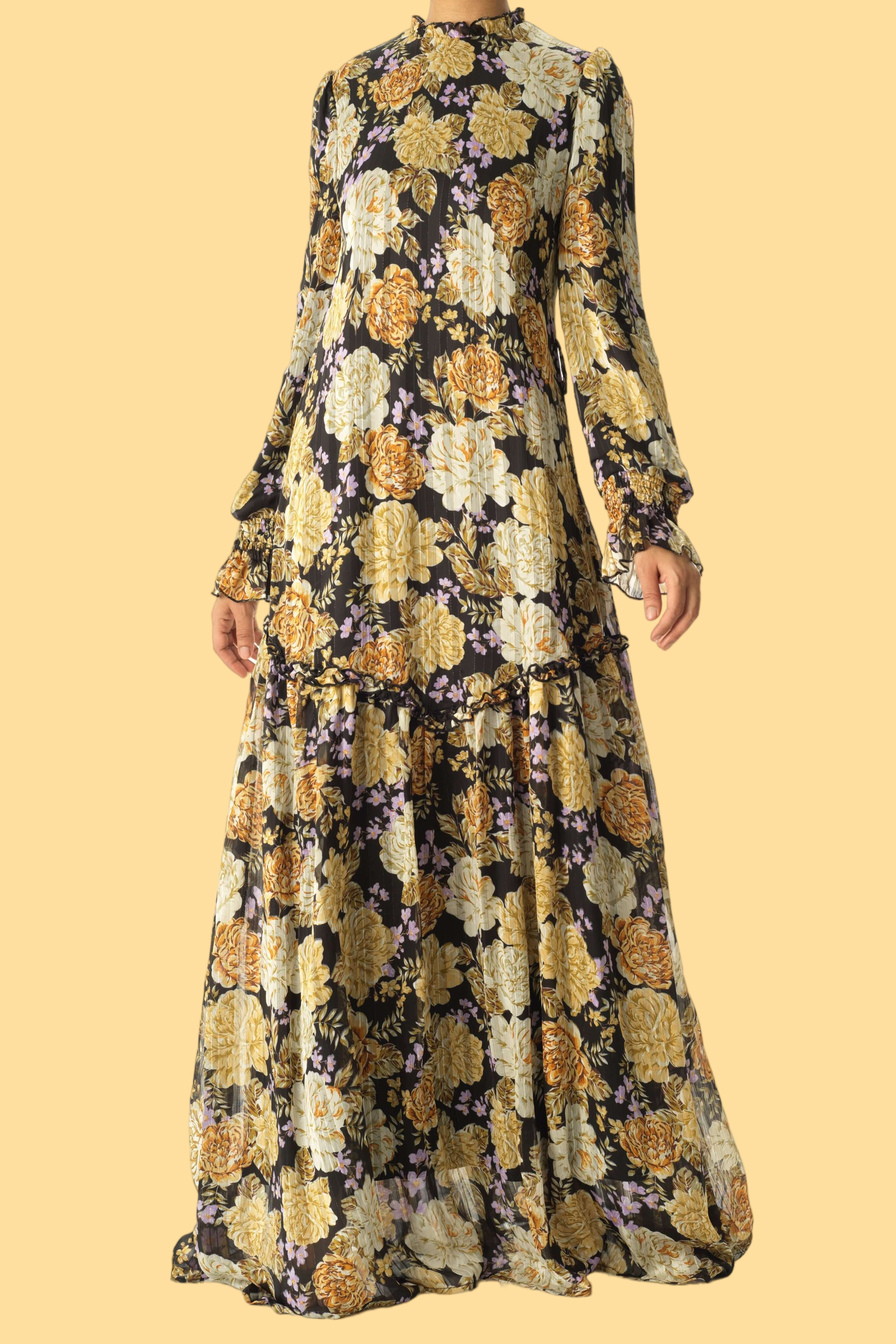 Black Beautiful golden Peony floral modest maxi dress Kabayare
