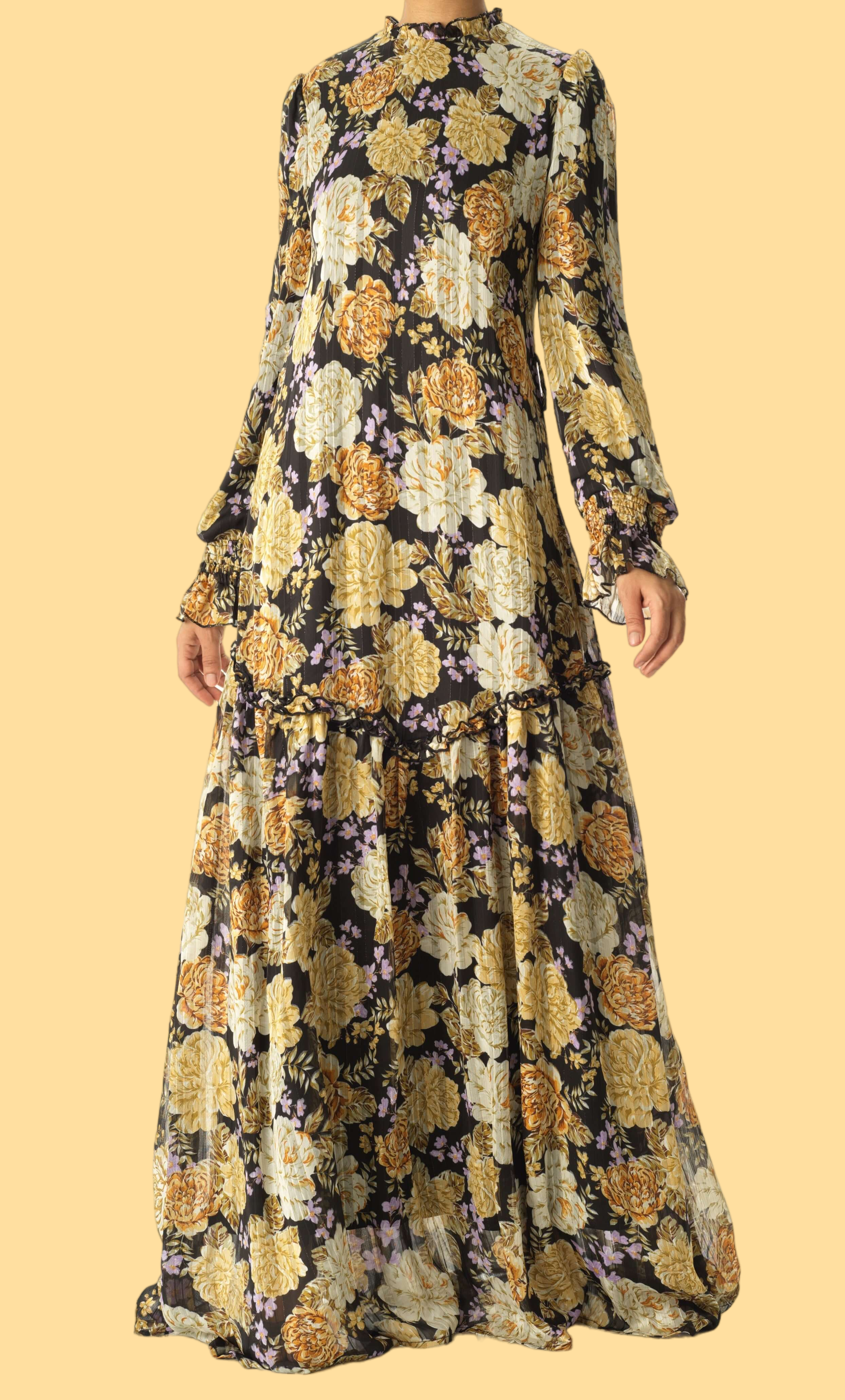 Black Beautiful golden Peony floral modest maxi dress Kabayare