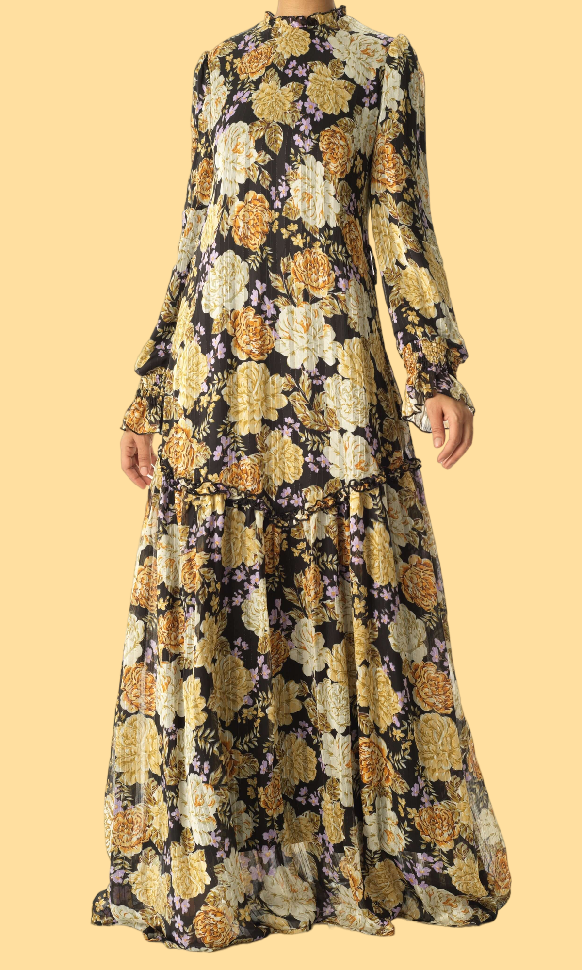 Black Beautiful golden Peony floral modest maxi dress Kabayare