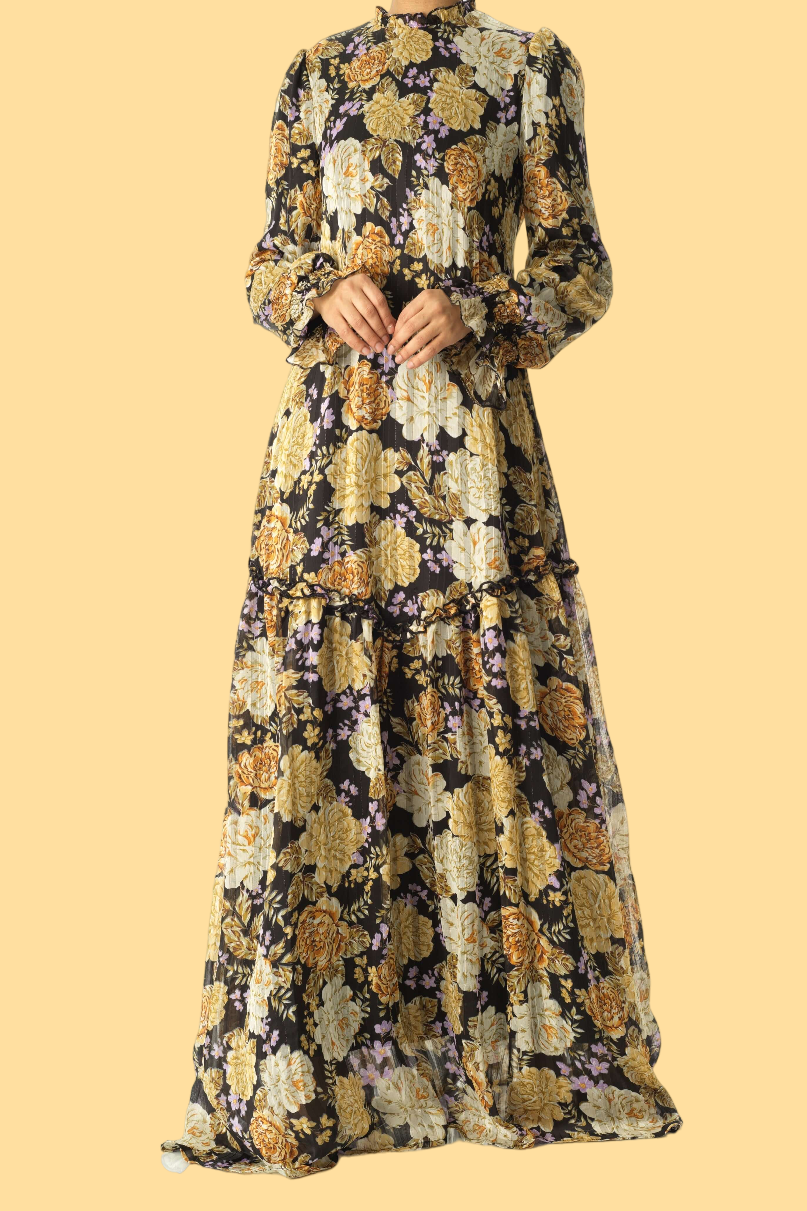 Black Beautiful golden Peony floral modest maxi dress Kabayare