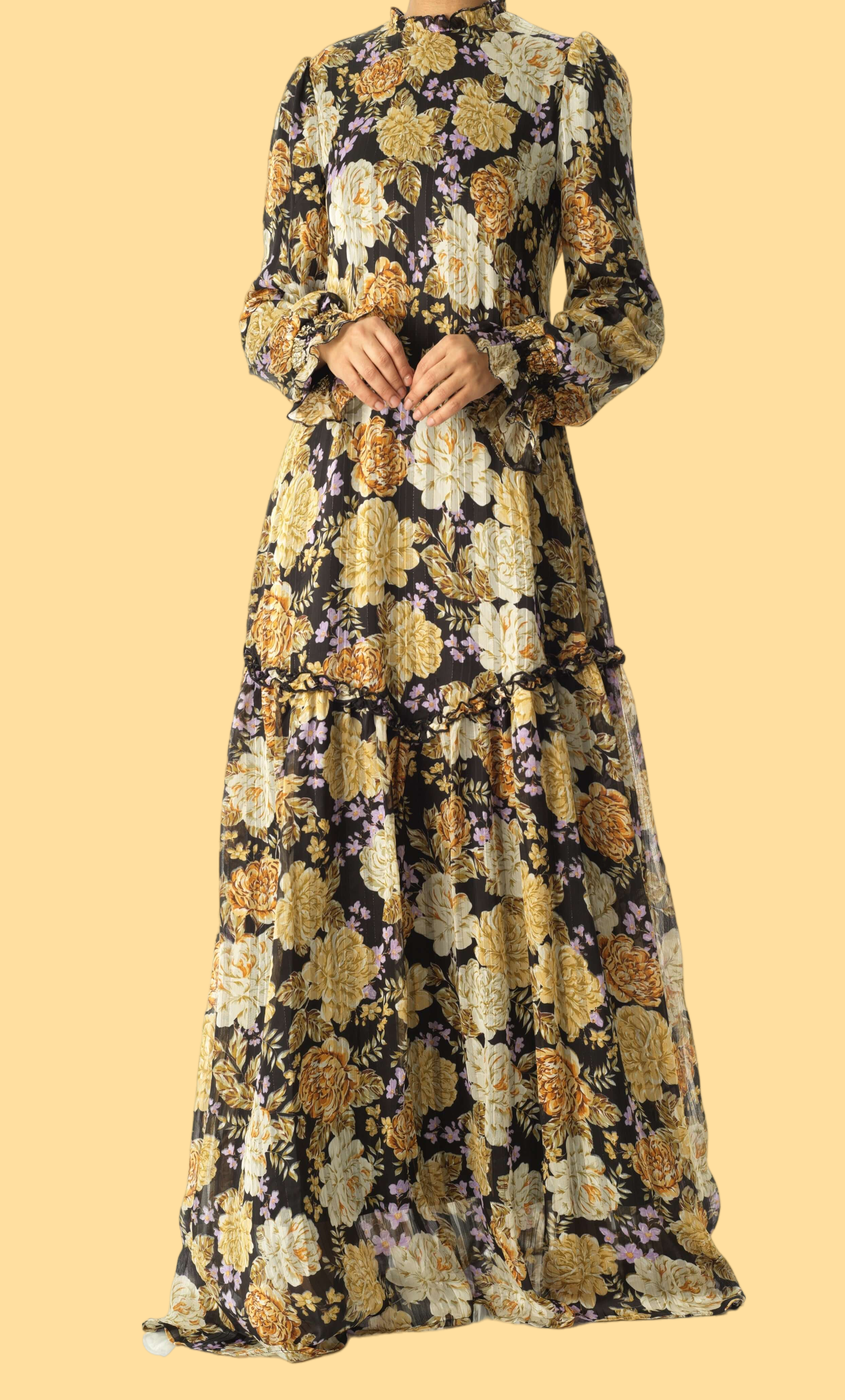 Black Beautiful golden Peony floral modest maxi dress Kabayare