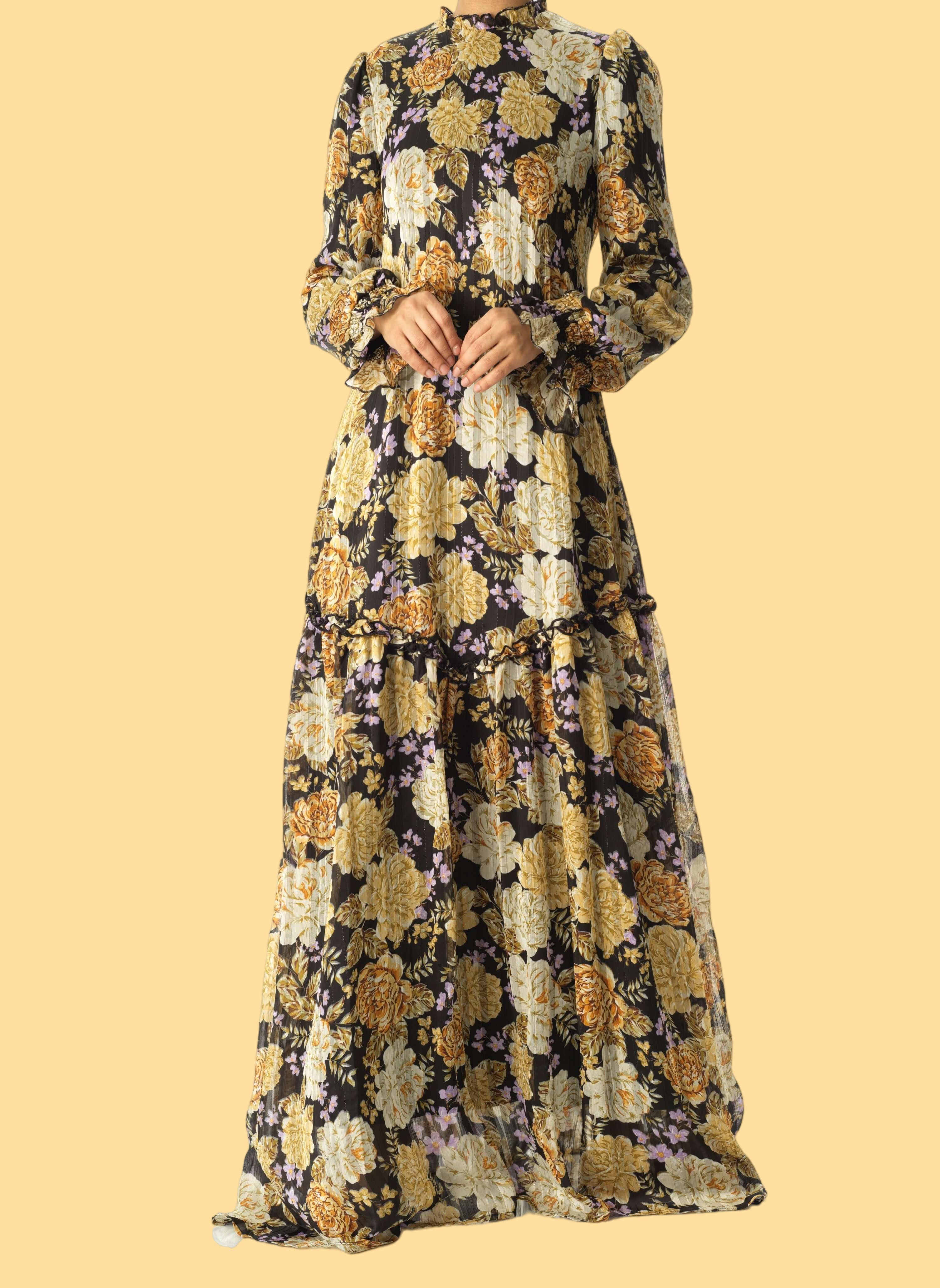 Black Beautiful golden Peony floral modest maxi dress Kabayare