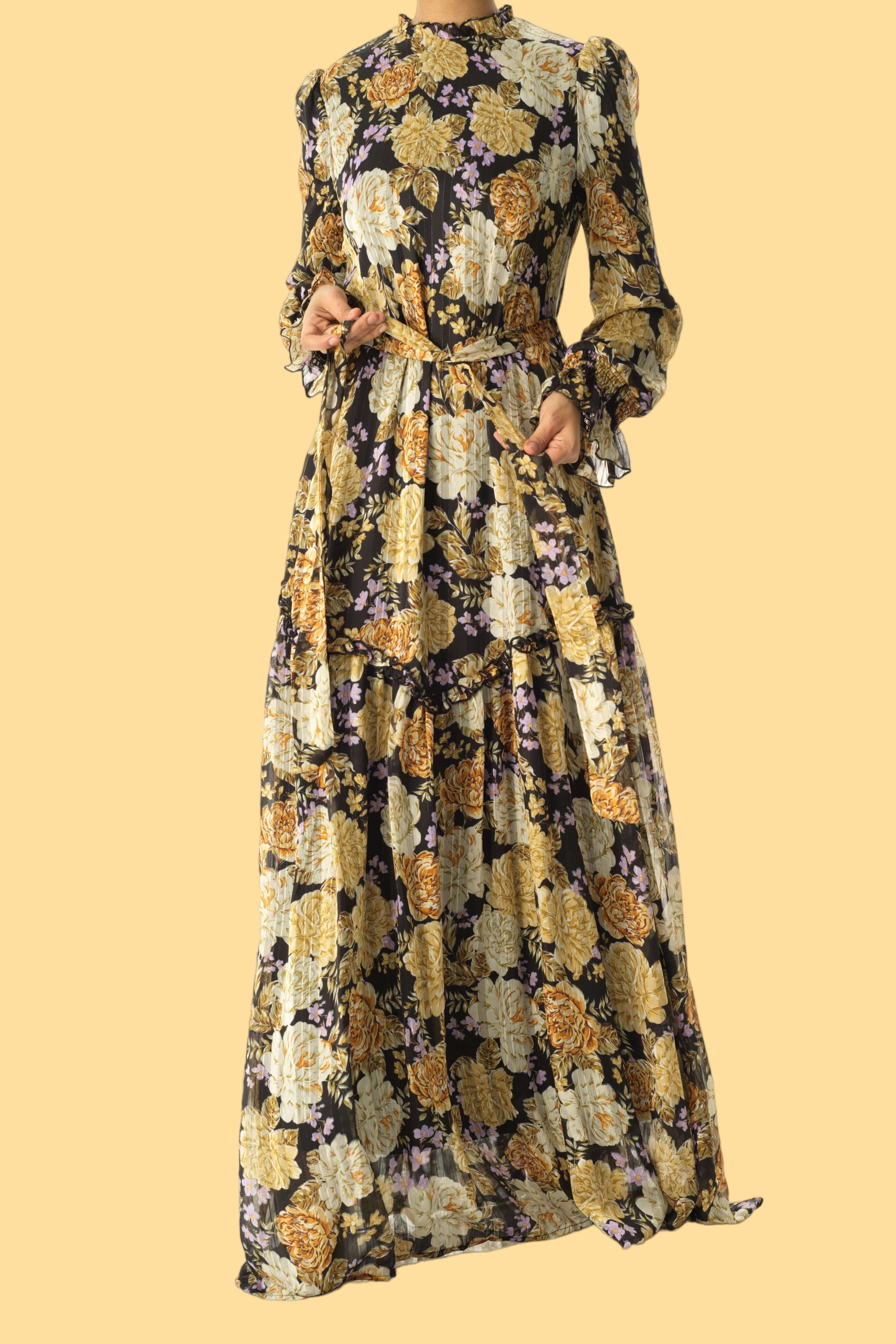 Black Beautiful golden Peony floral modest maxi dress Kabayare