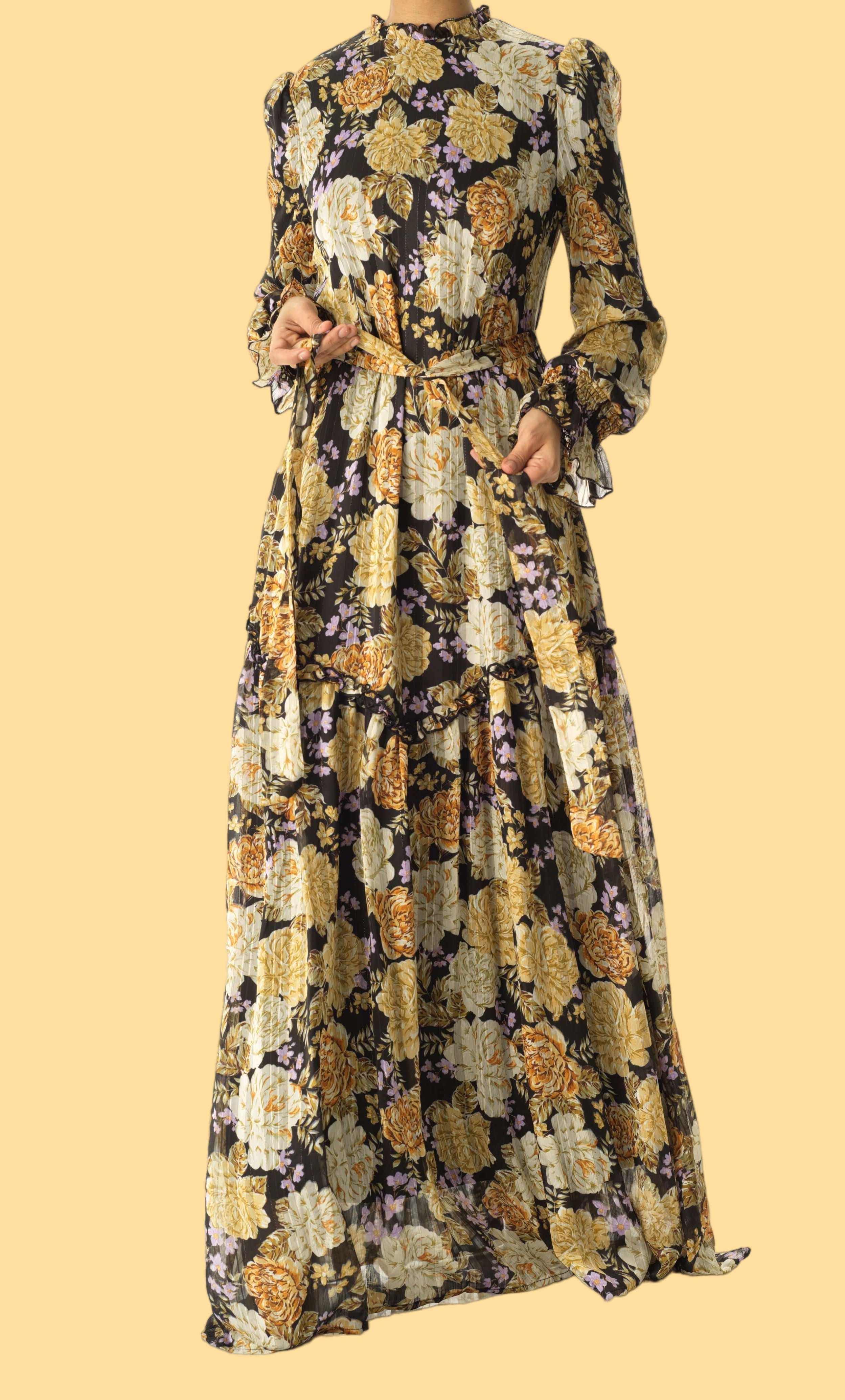 Black Beautiful golden Peony floral modest maxi dress Kabayare