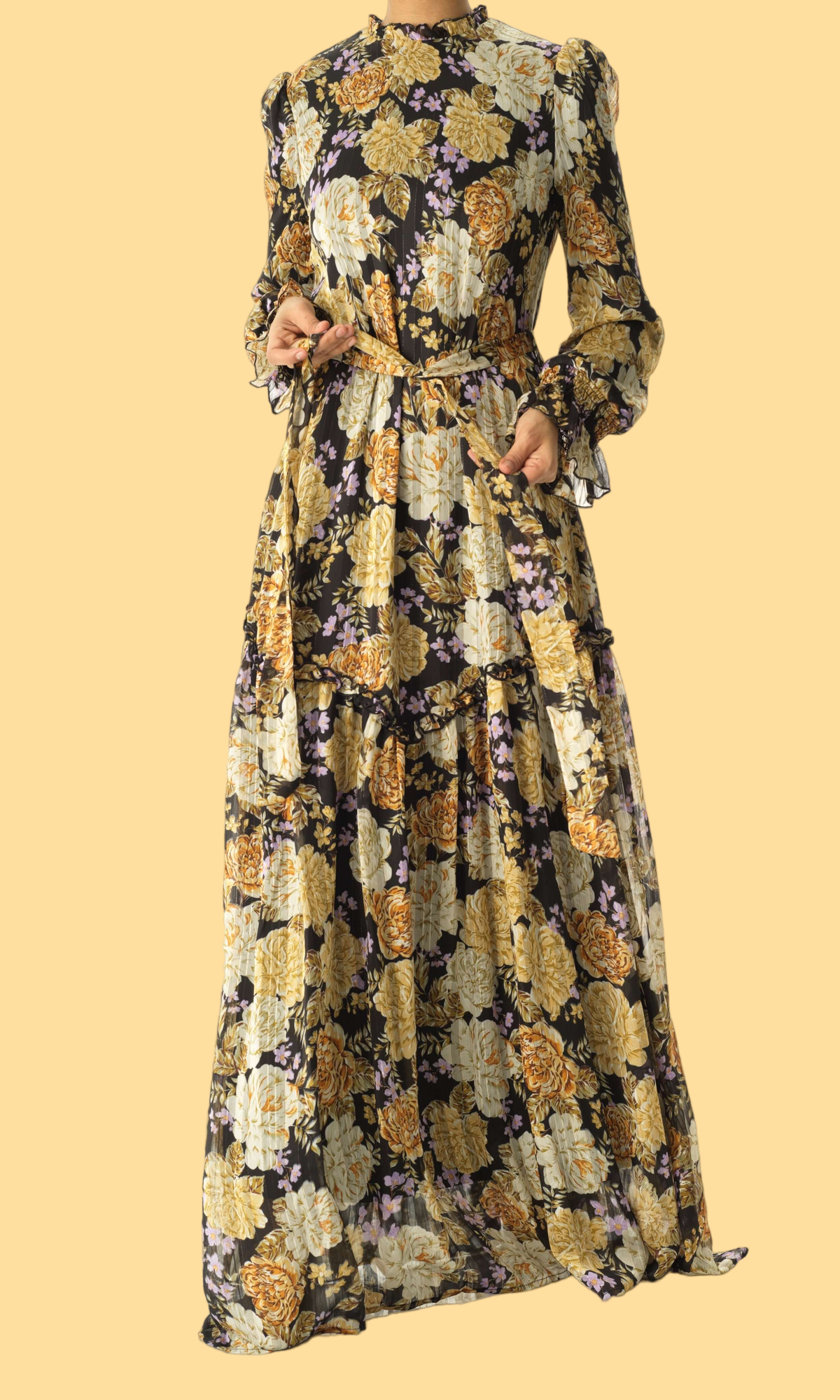 Black Beautiful golden Peony floral modest maxi dress Kabayare