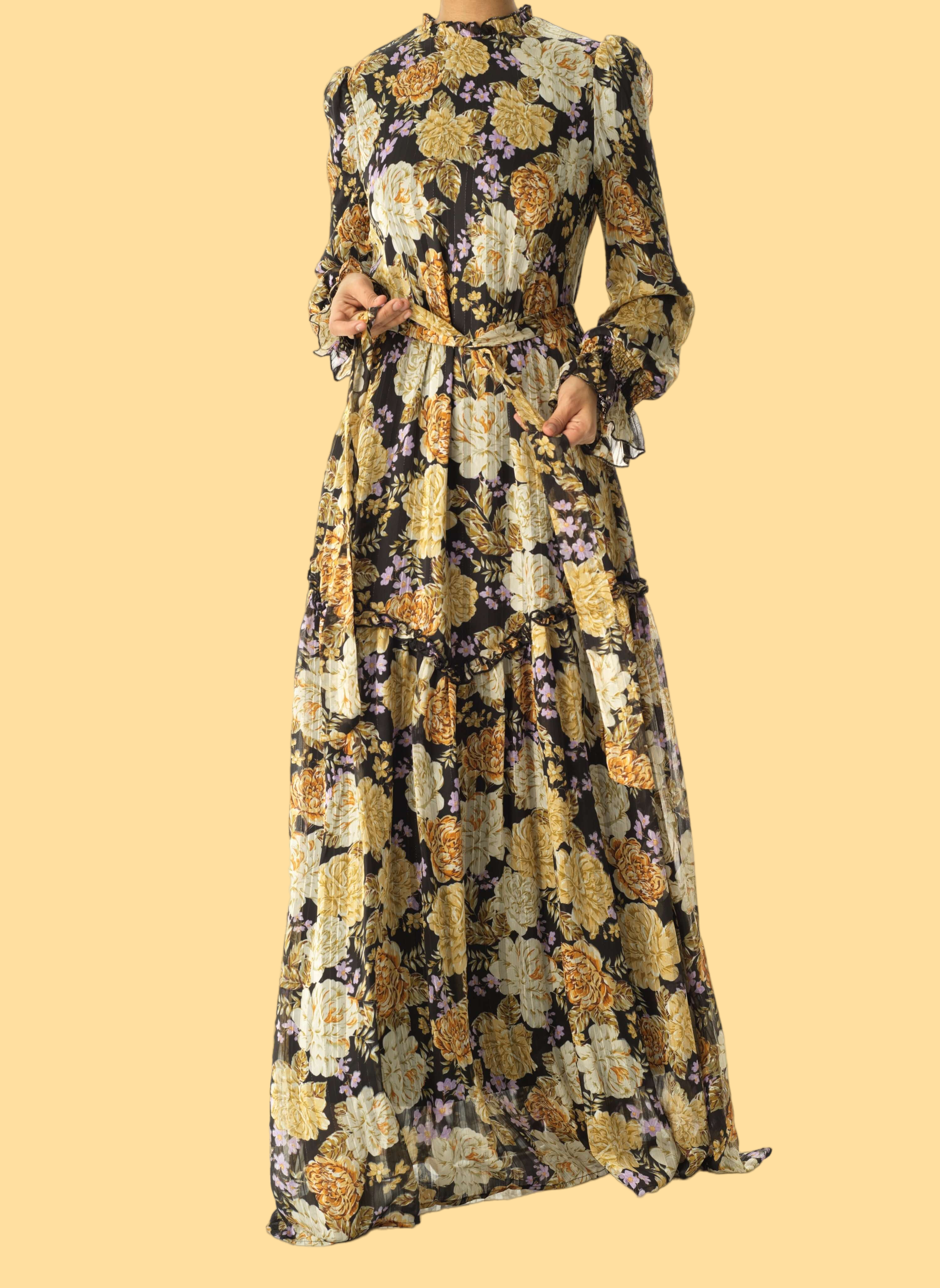 Black Beautiful golden Peony floral modest maxi dress Kabayare