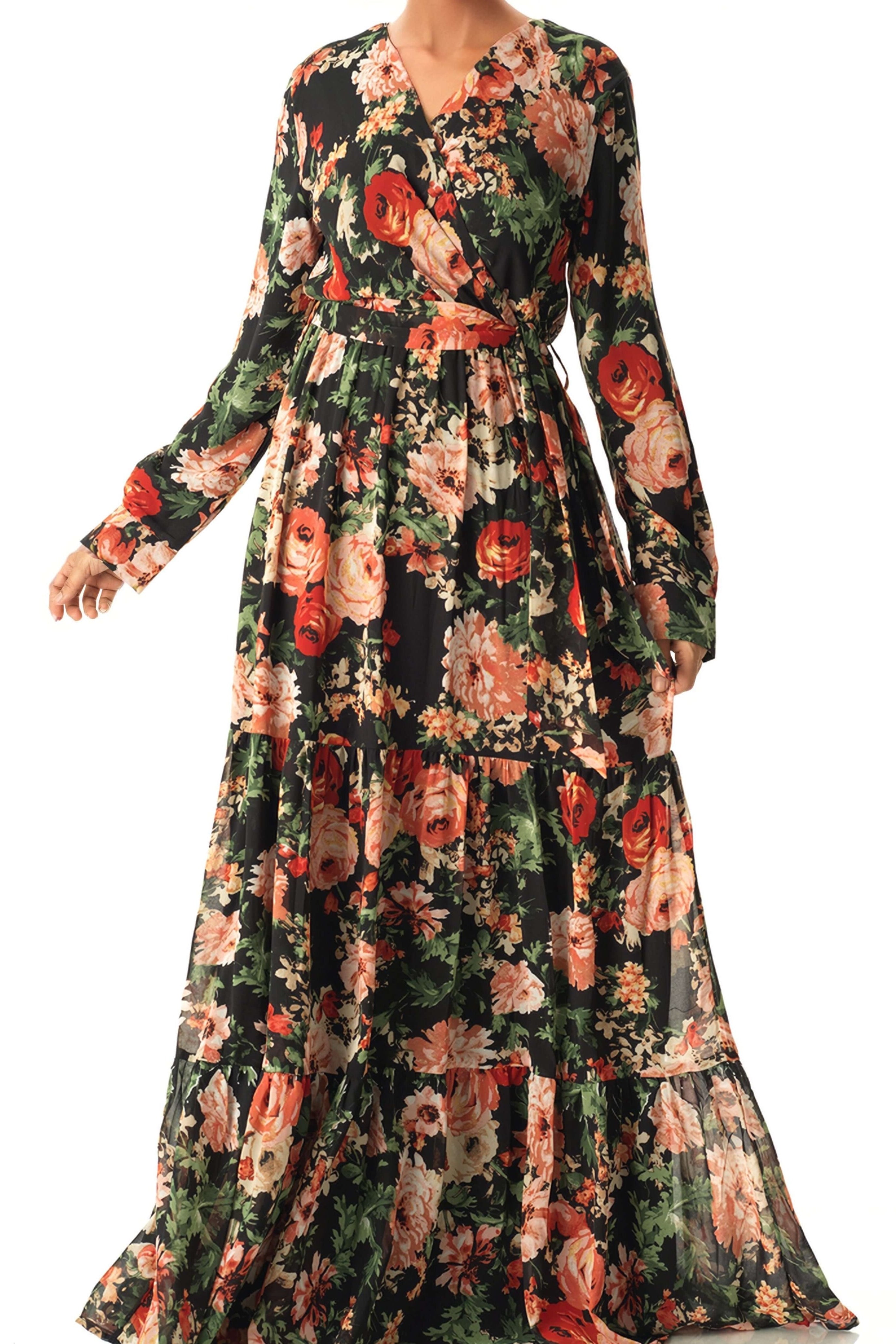 Black Bloom Blush Floral Print Maxi Dress Kabayare