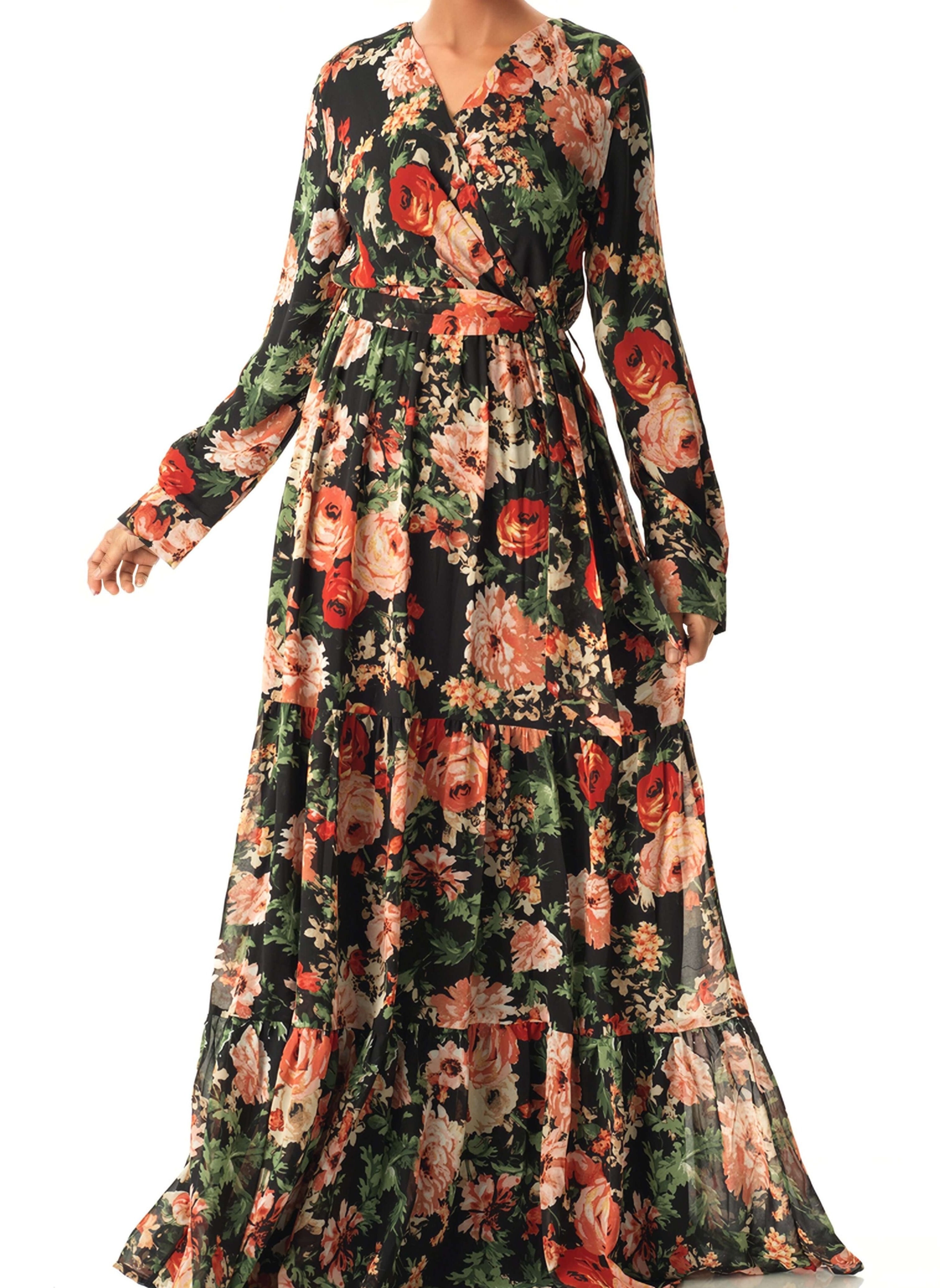 Black Bloom Blush Floral Print Maxi Dress Kabayare