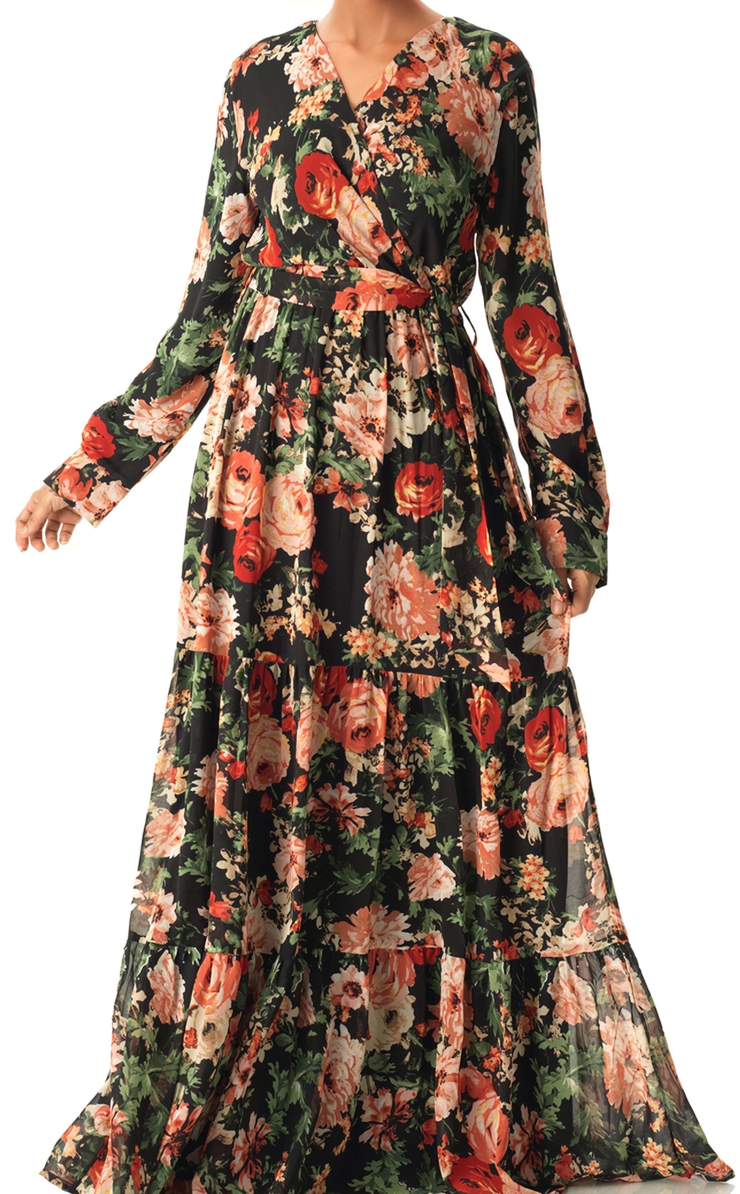 Black Bloom Blush Floral Print Maxi Dress Kabayare