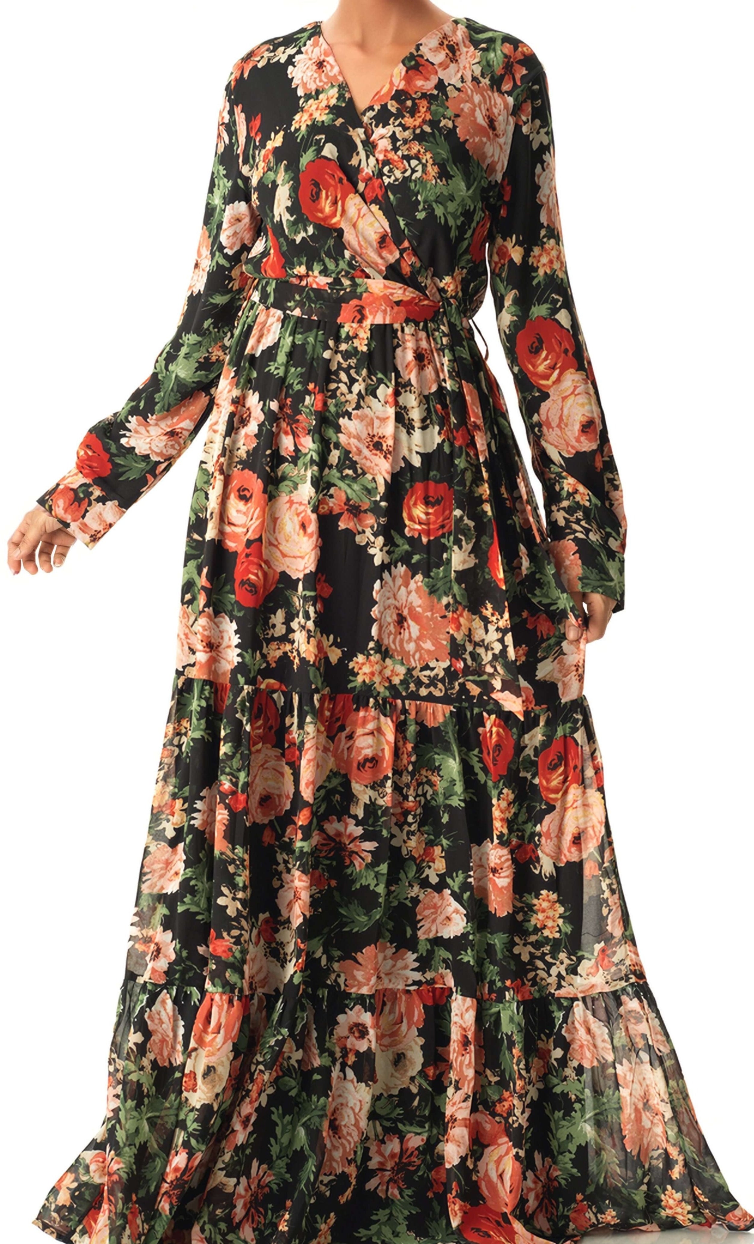 Black Bloom Blush Floral Print Maxi Dress Kabayare