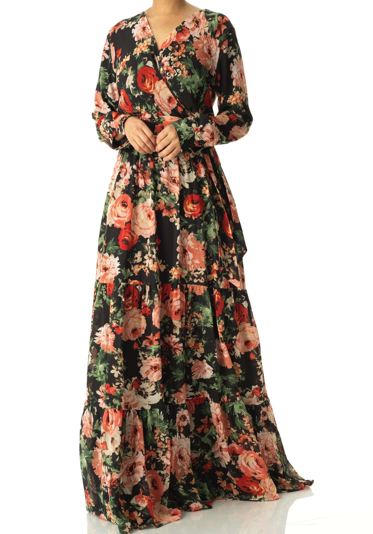 Black Bloom Blush Floral Print Maxi Dress Kabayare