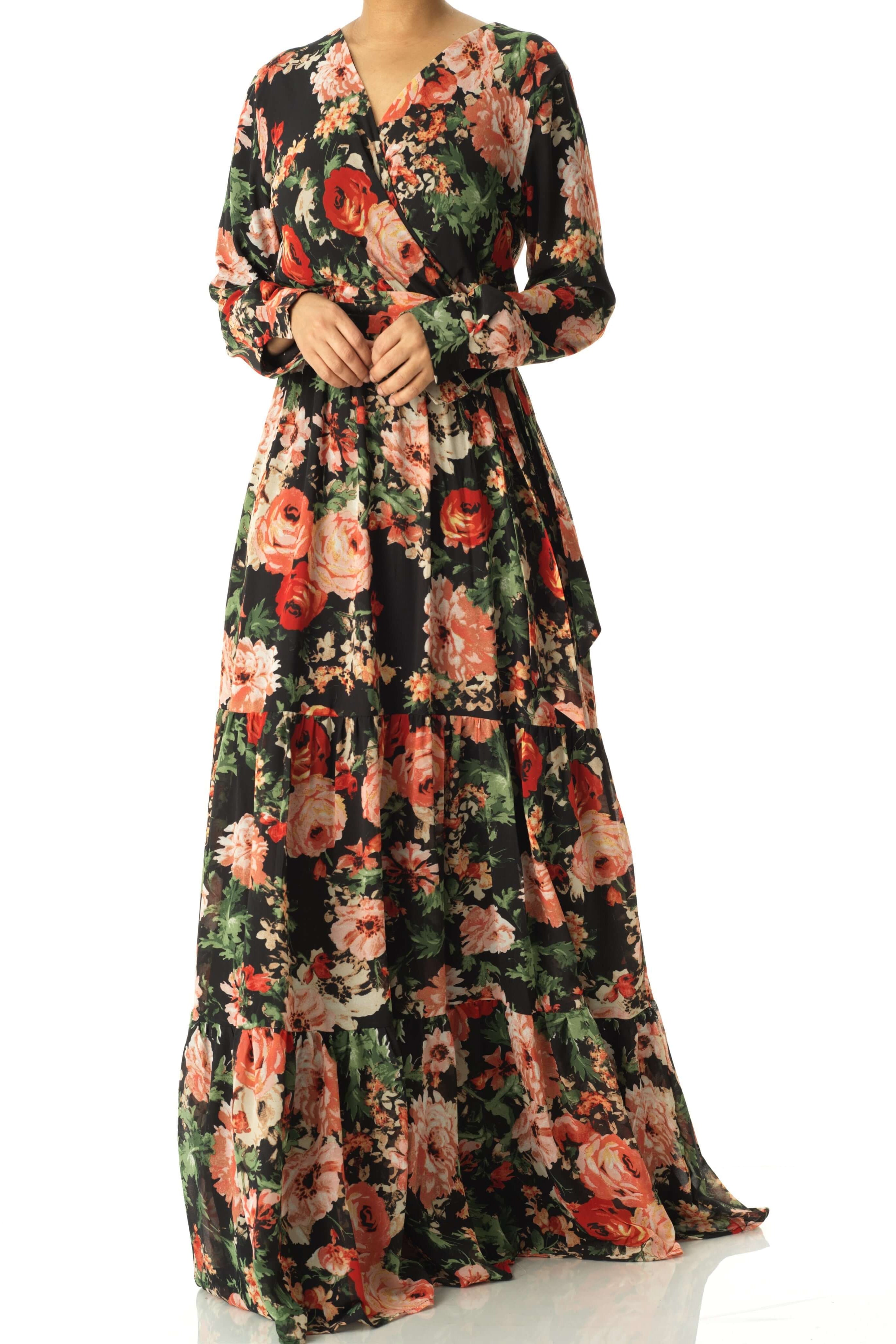 Black Bloom Blush Floral Print Maxi Dress Kabayare