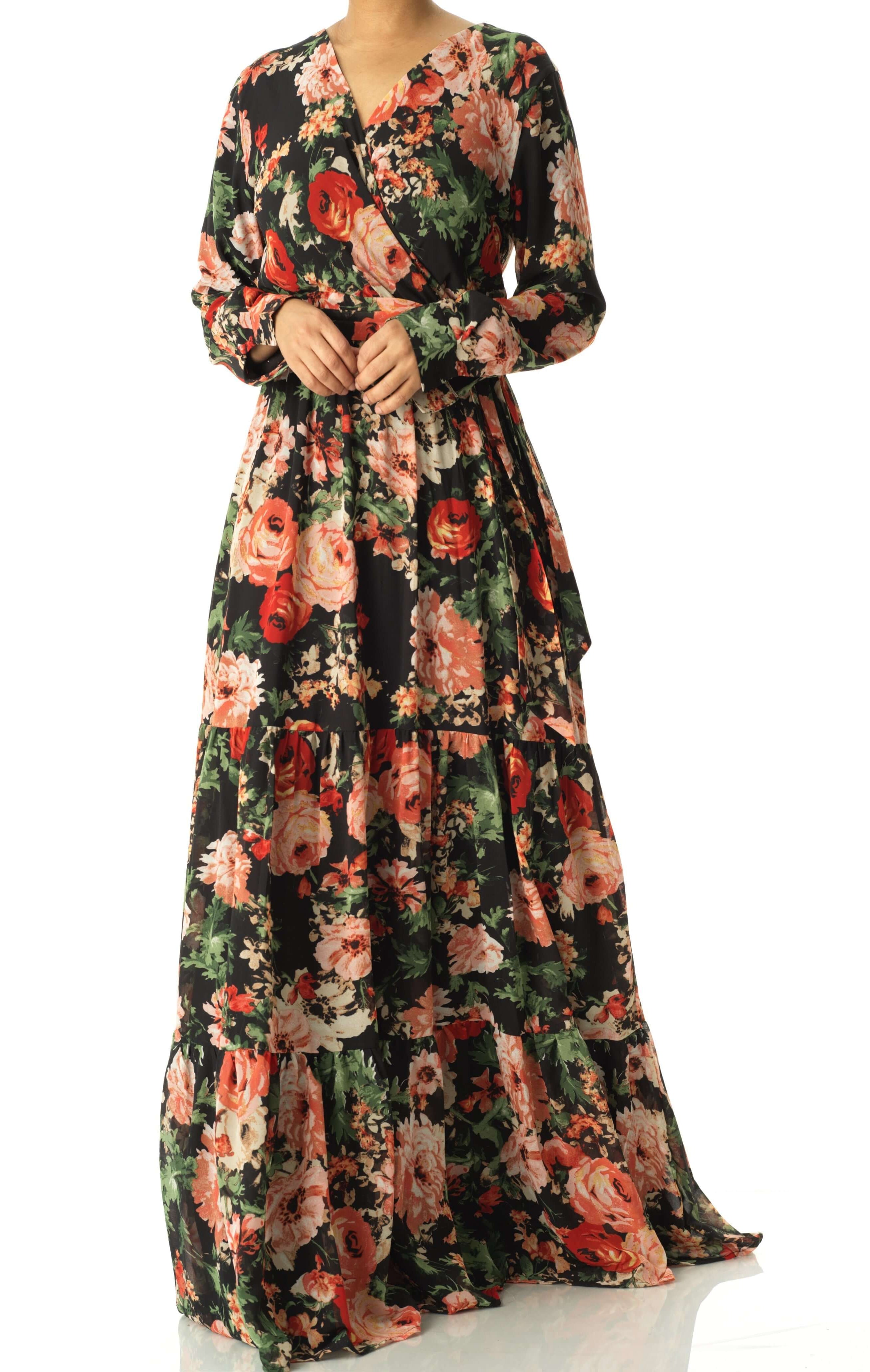 Black Bloom Blush Floral Print Maxi Dress Kabayare