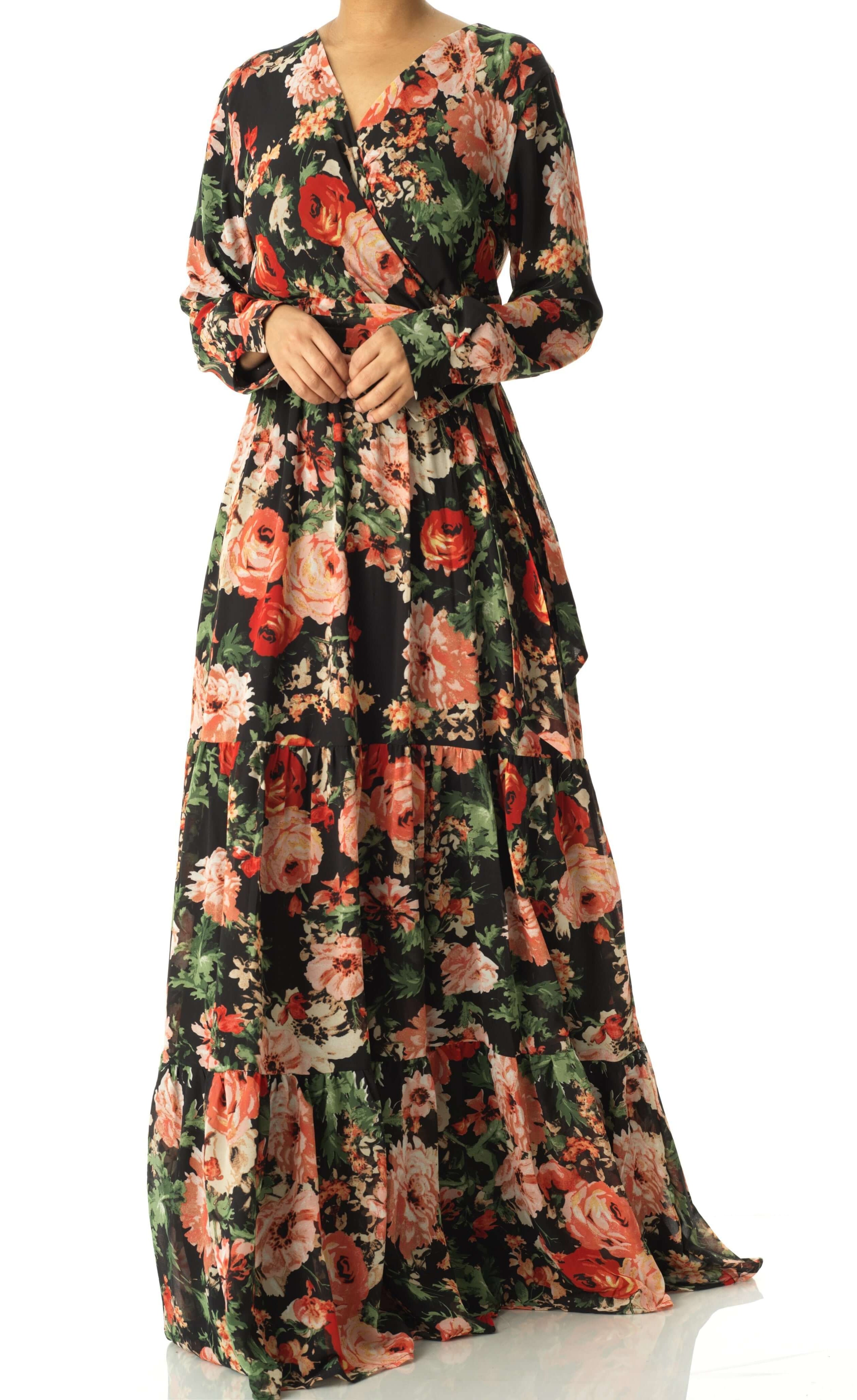 Black Bloom Blush Floral Print Maxi Dress Kabayare