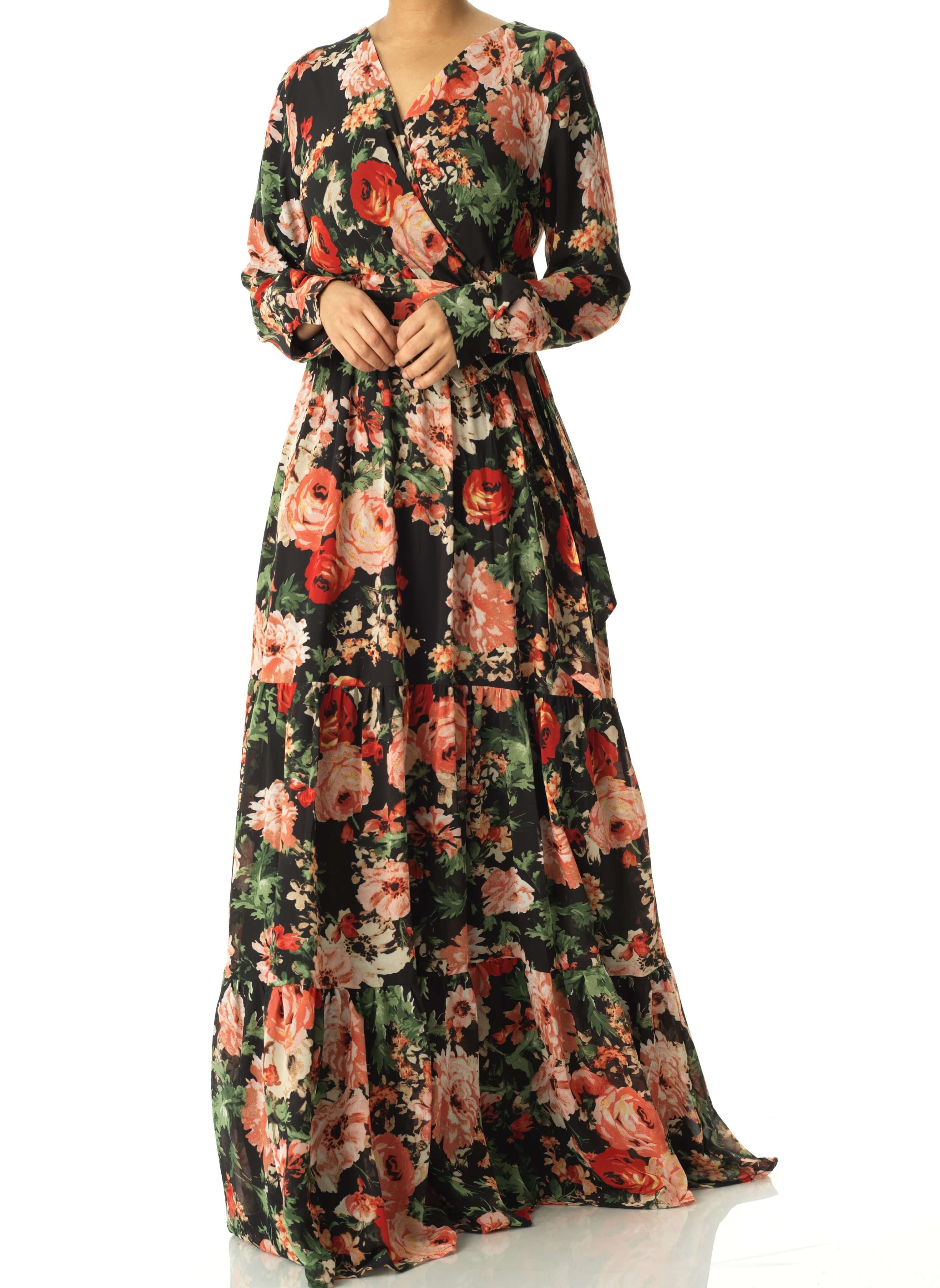 Black Bloom Blush Floral Print Maxi Dress Kabayare