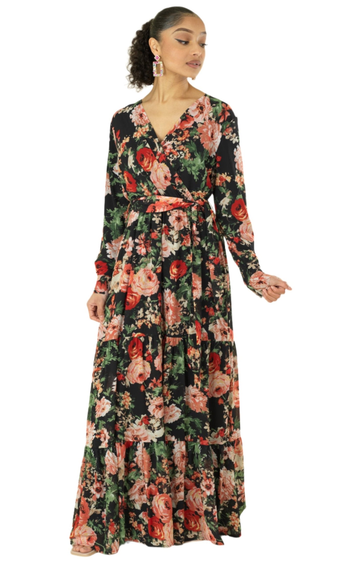 Black Bloom Blush Floral Print Maxi Dress Kabayare