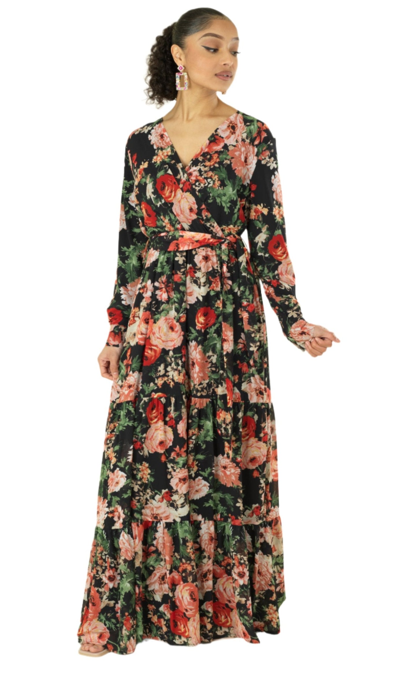 Black Bloom Blush Floral Print Maxi Dress Kabayare