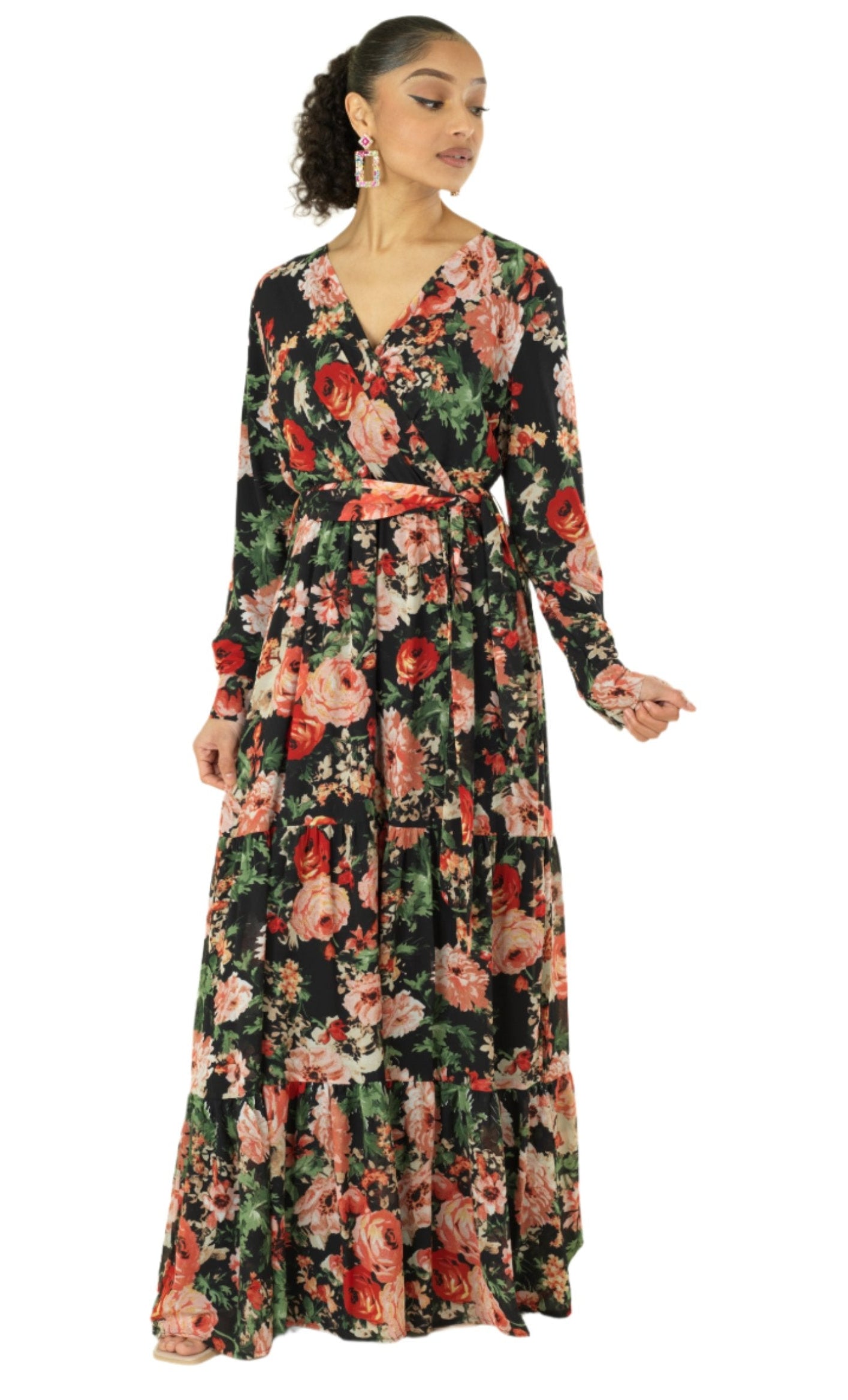 Black Bloom Blush Floral Print Maxi Dress Kabayare