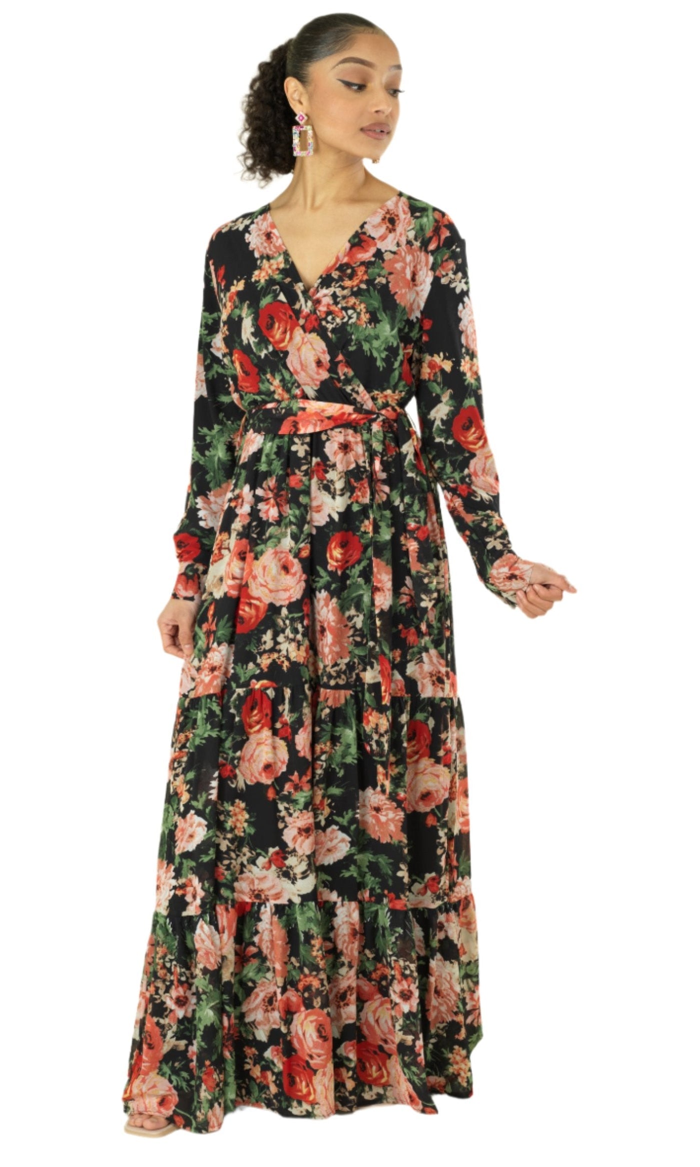 Black Bloom Blush Floral Print Maxi Dress Kabayare