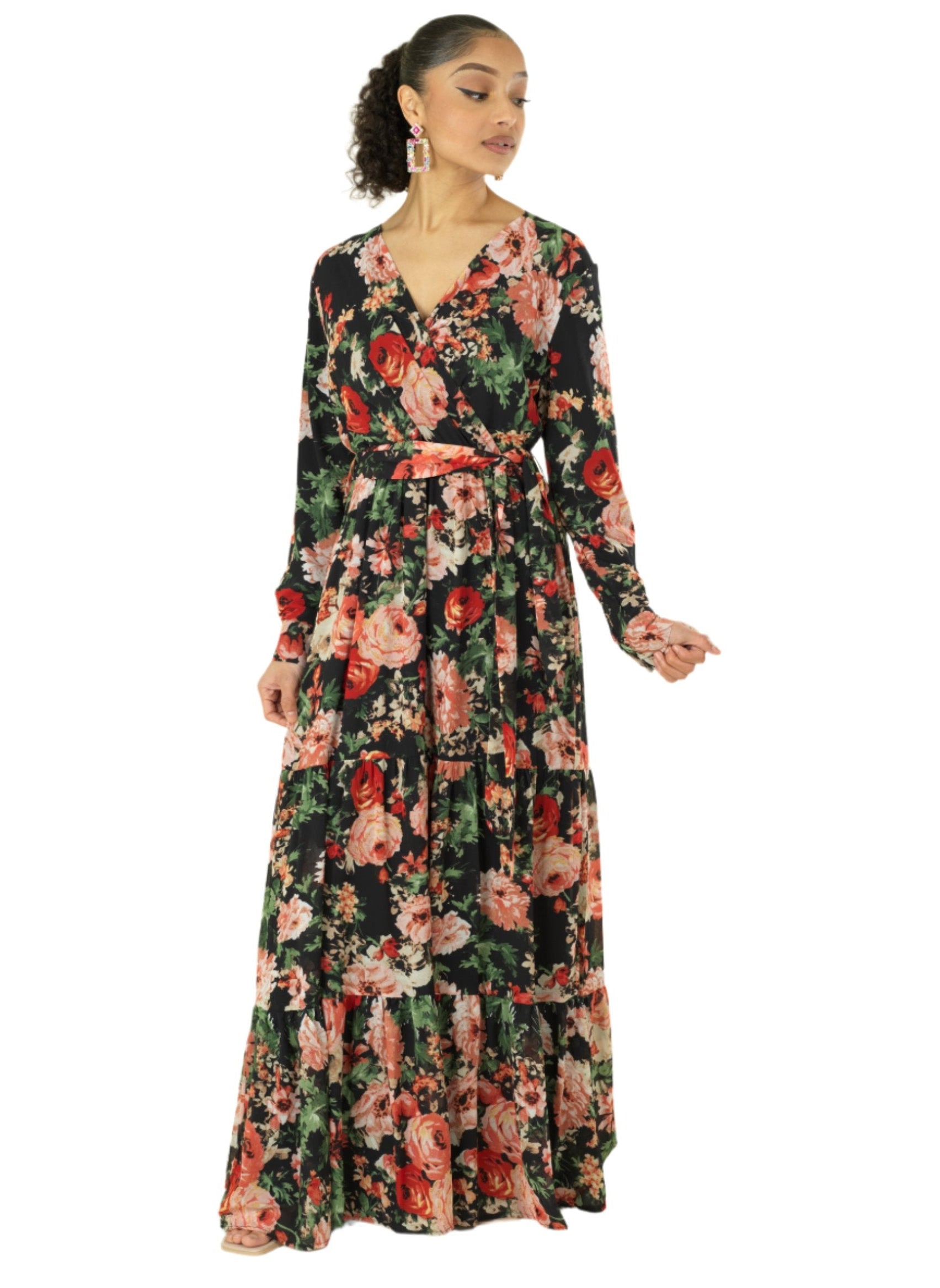 Black Bloom Blush Floral Print Maxi Dress Kabayare