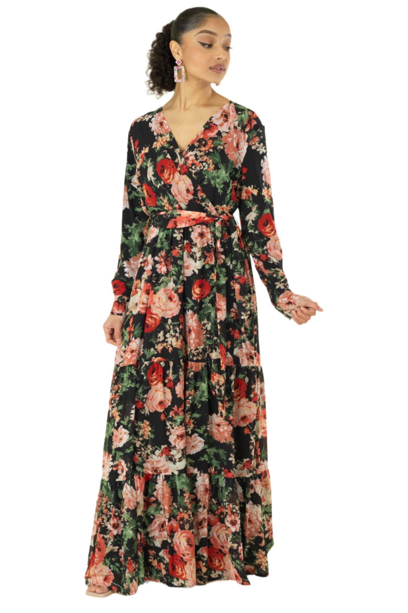 Black Bloom Blush Floral Print Maxi Dress Kabayare
