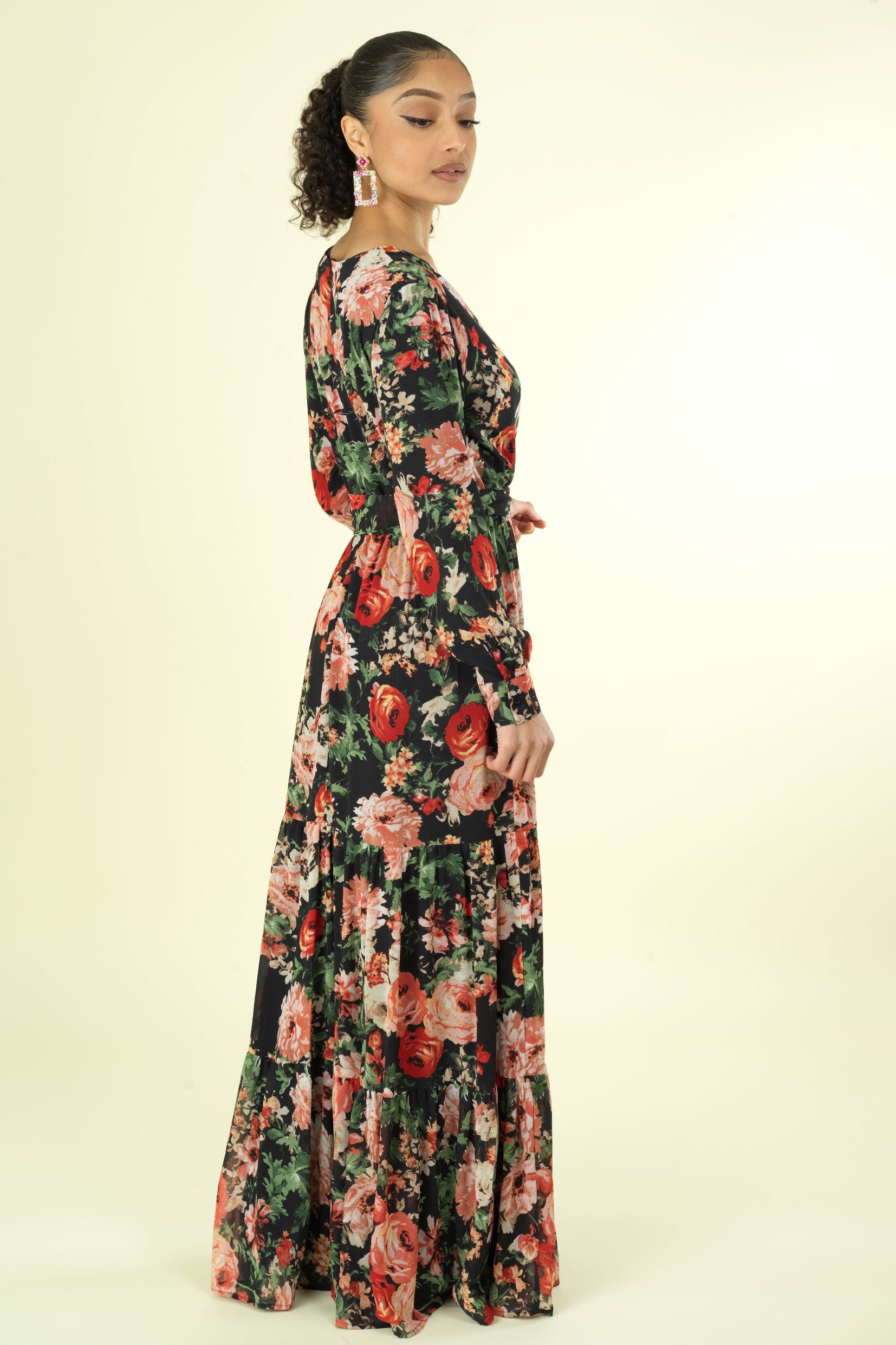 Black Bloom Blush Floral Print Maxi Dress Kabayare