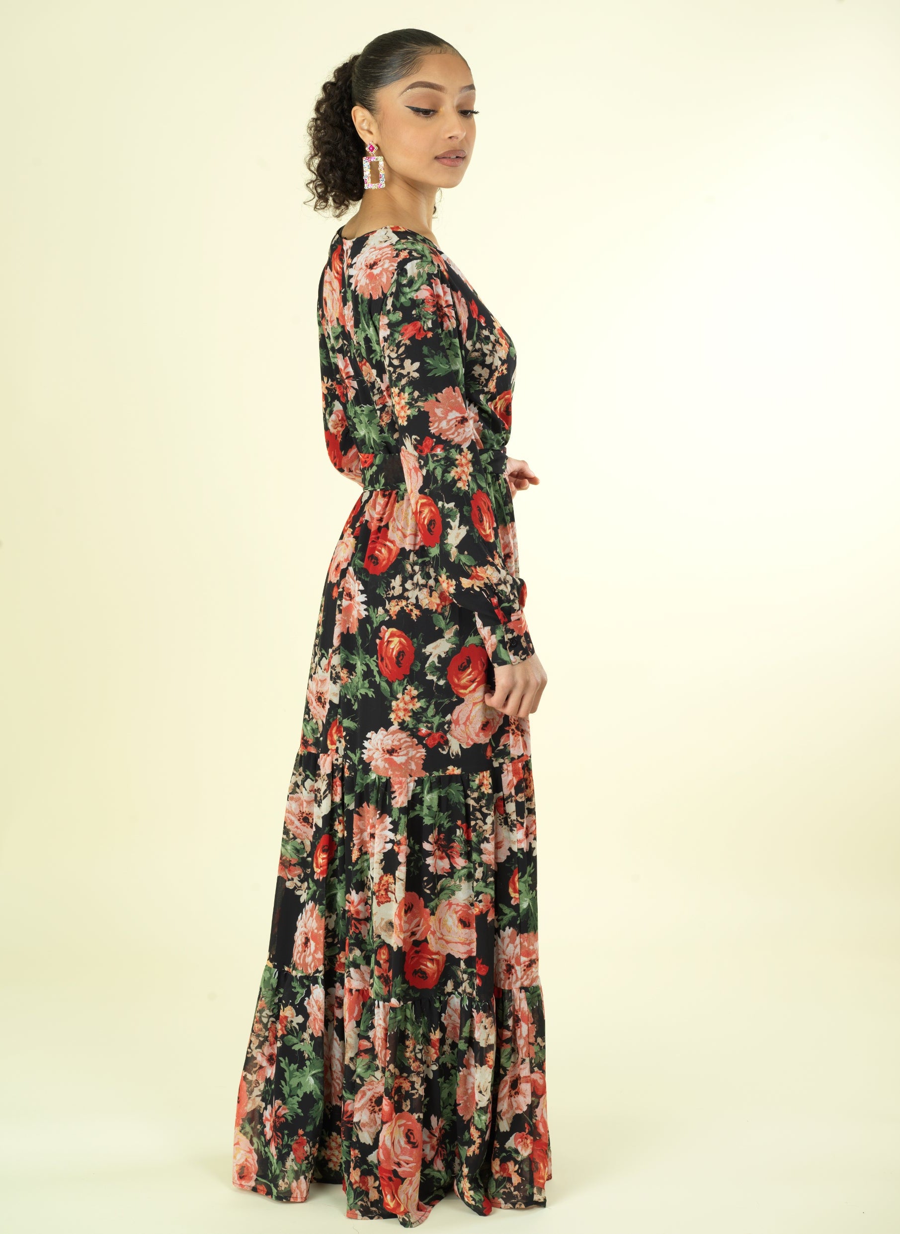 Black Bloom Blush Floral Print Maxi Dress Kabayare