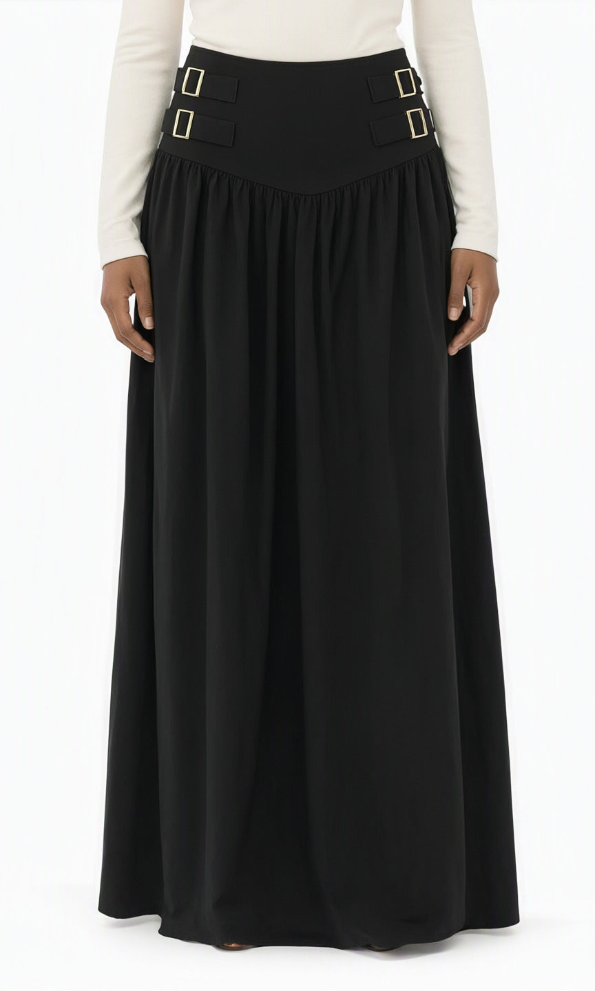 Black Equestrian buckle waist modest maxi skirt Kabayare