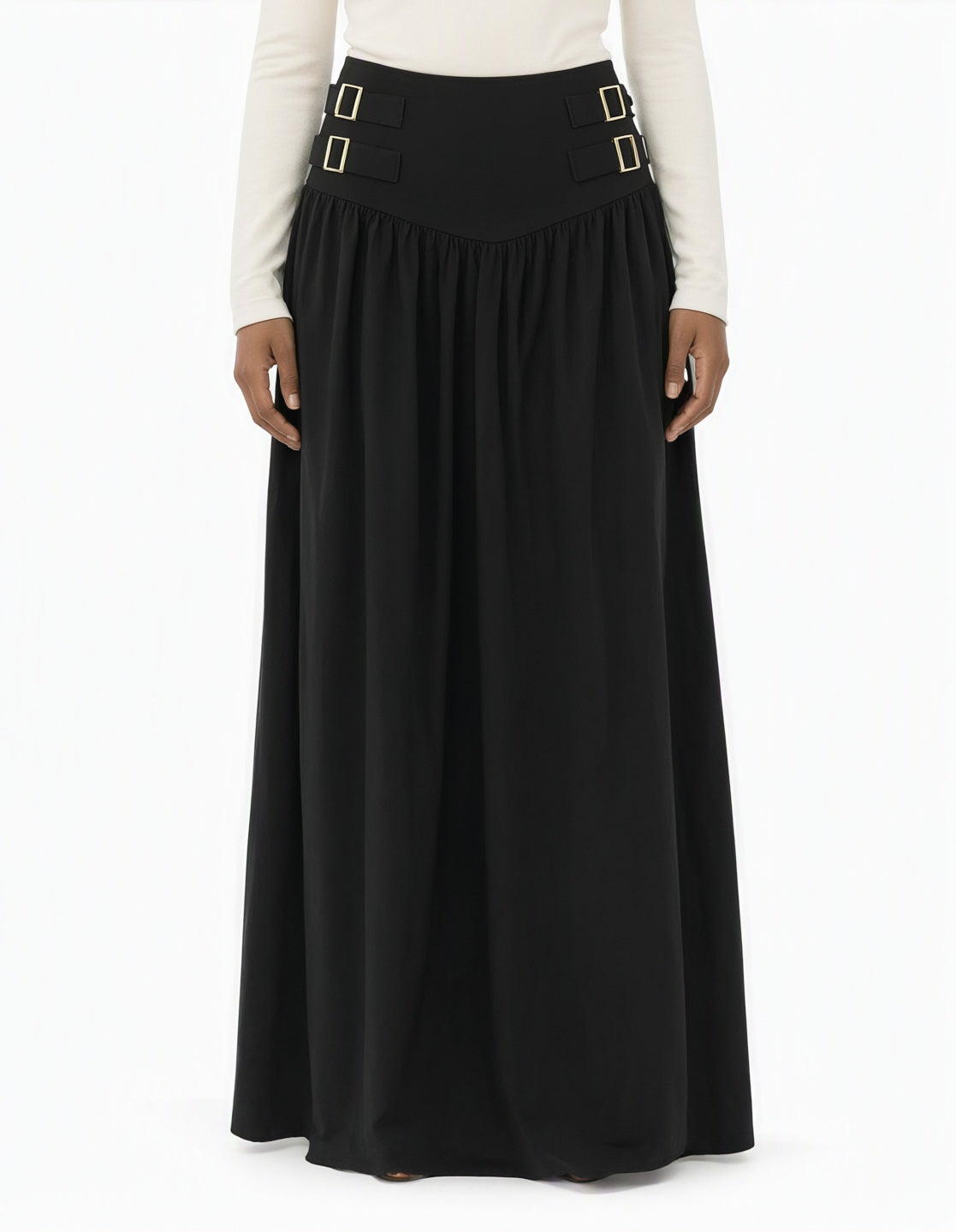 Black Equestrian buckle waist modest maxi skirt Kabayare