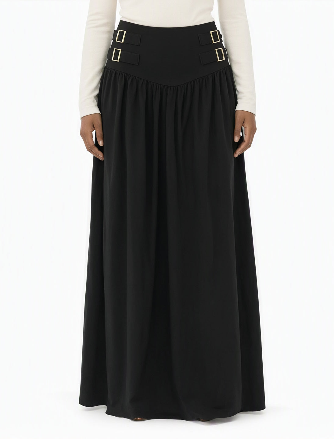 Black Equestrian buckle waist modest maxi skirt Kabayare