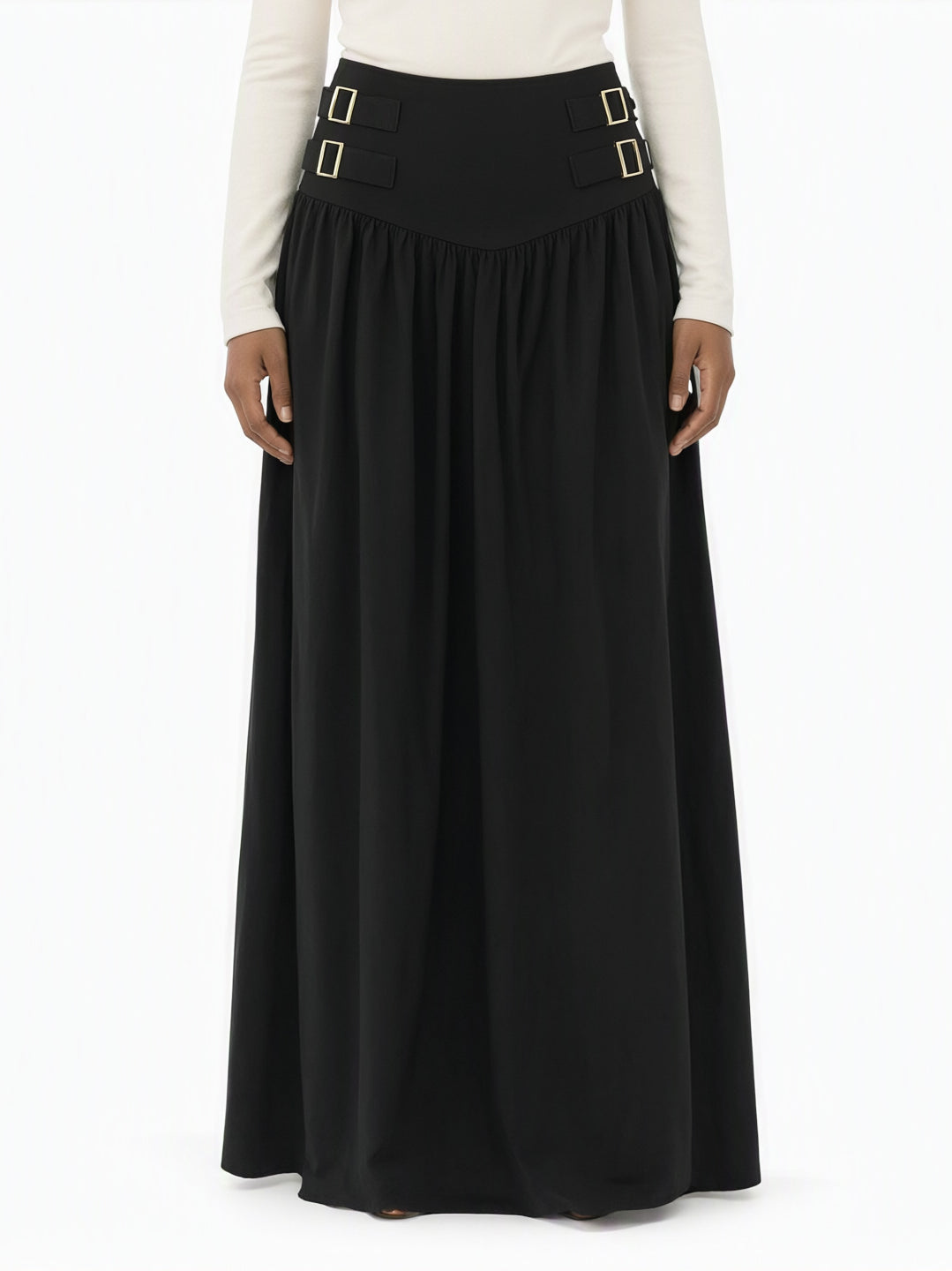 Black Equestrian buckle waist modest maxi skirt Kabayare