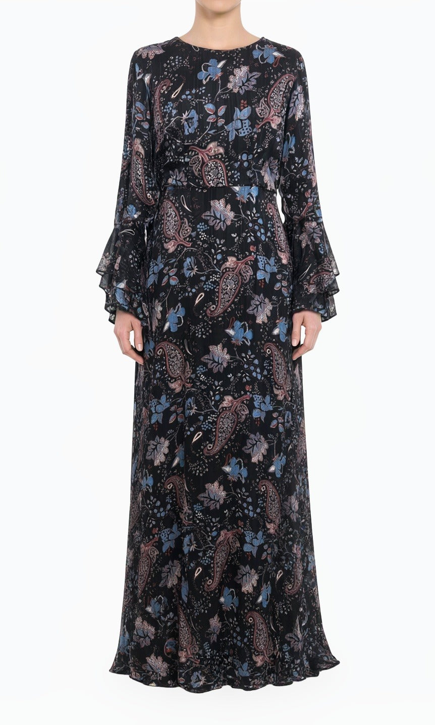 Black Floral Verona Bell Sleeve Modest Maxi Dress Kabayare