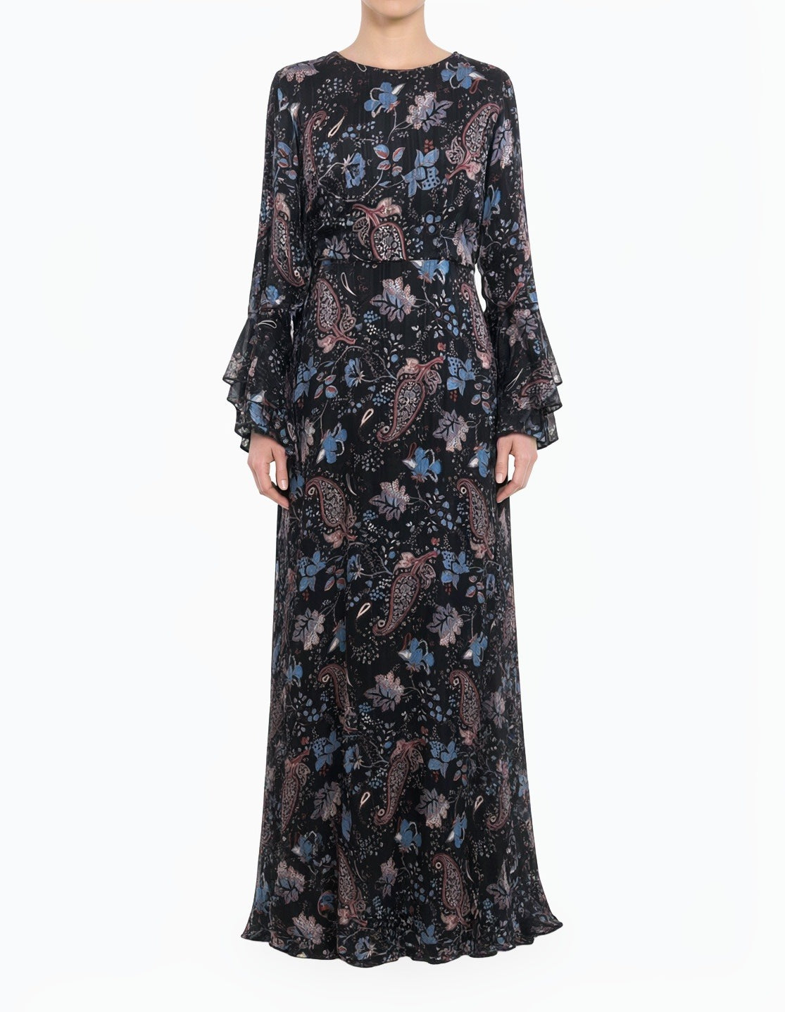 Black Floral Verona Bell Sleeve Modest Maxi Dress Kabayare