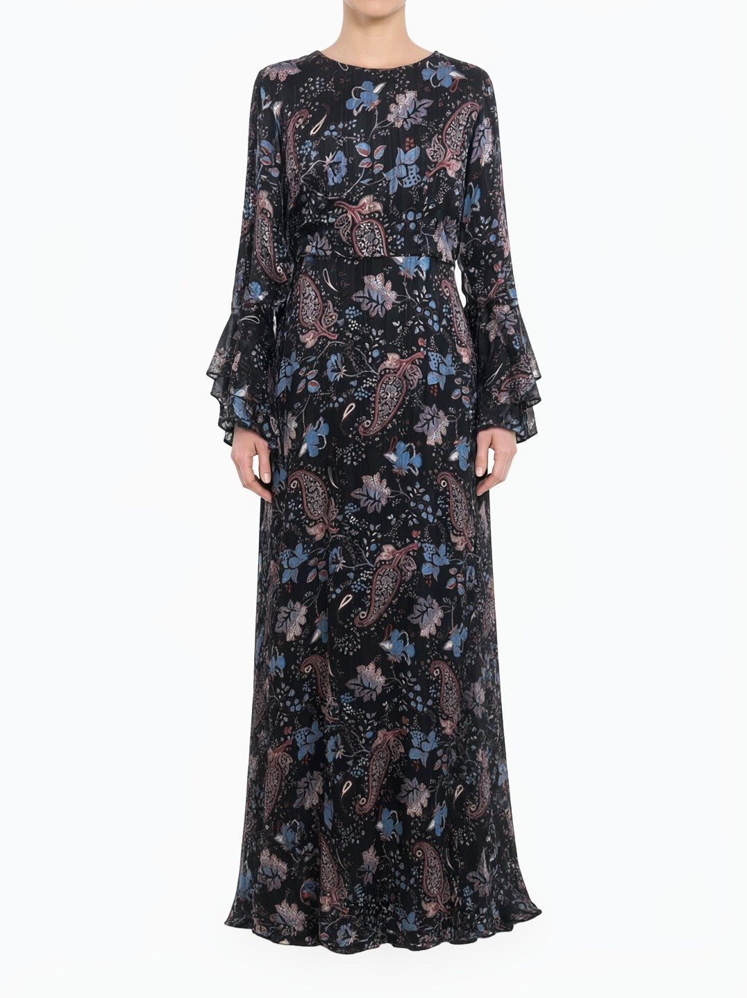 Black Floral Verona Bell Sleeve Modest Maxi Dress Kabayare