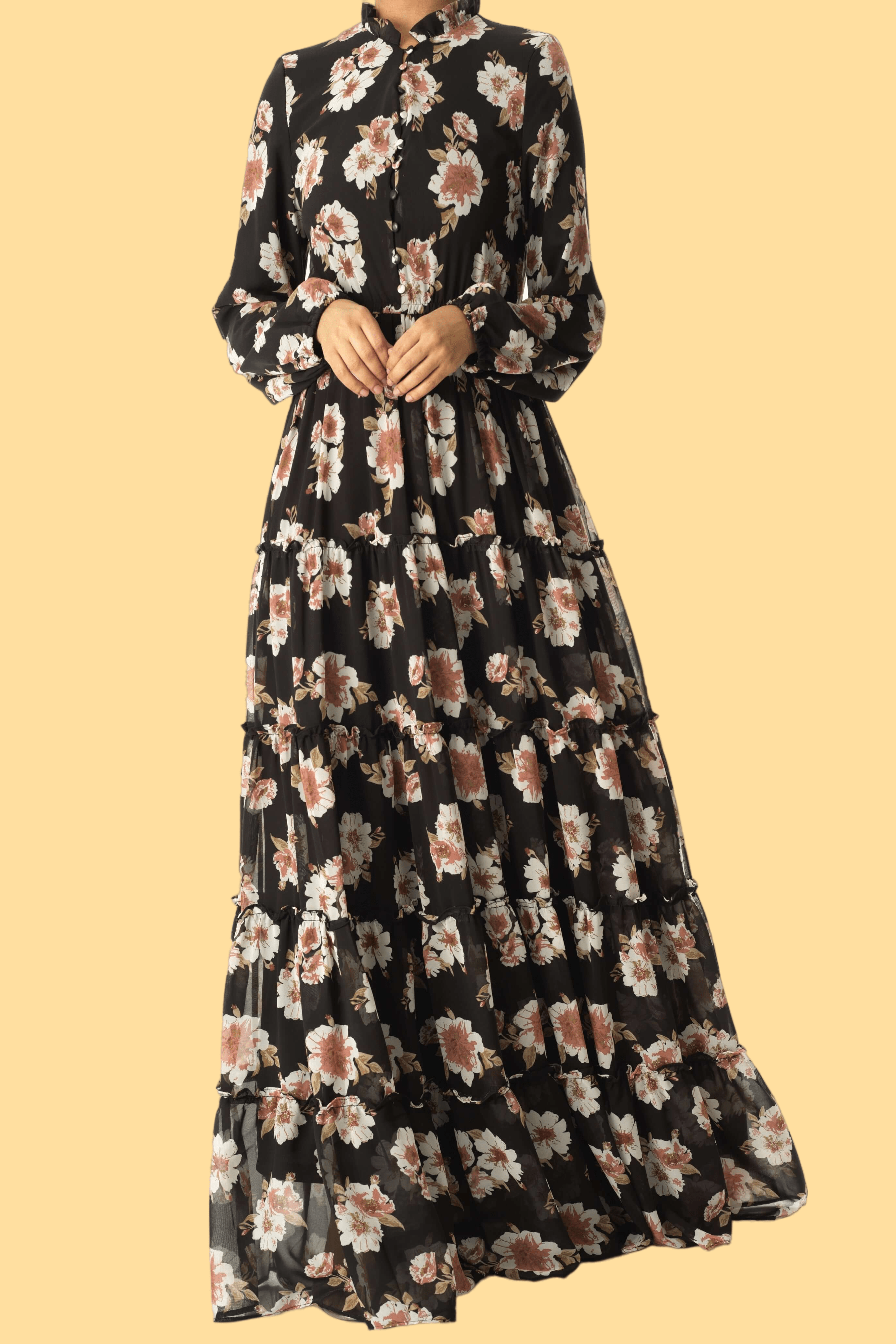 Black Hibiscus floral print modest dress Kabayare