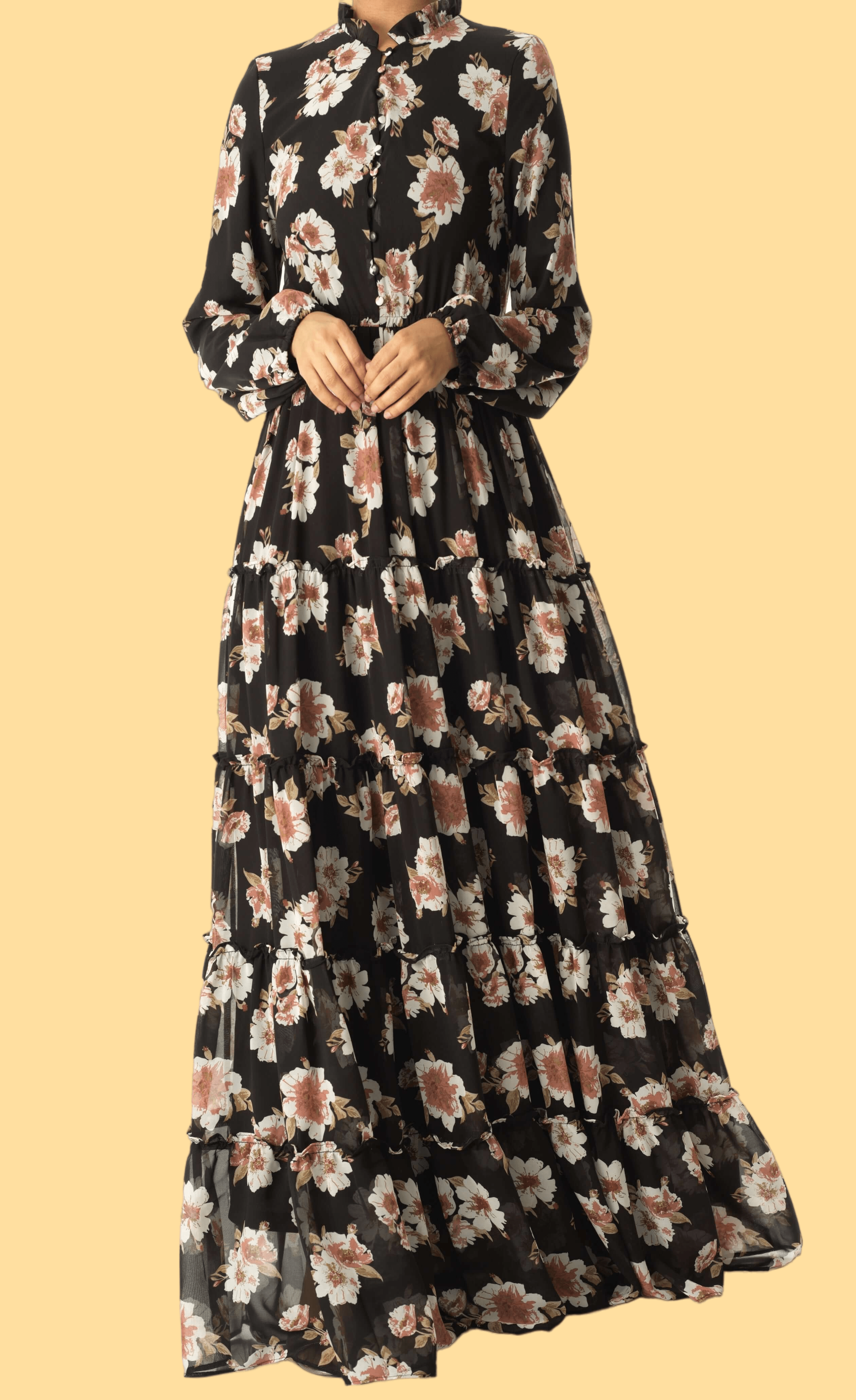 Black Hibiscus floral print modest dress Kabayare